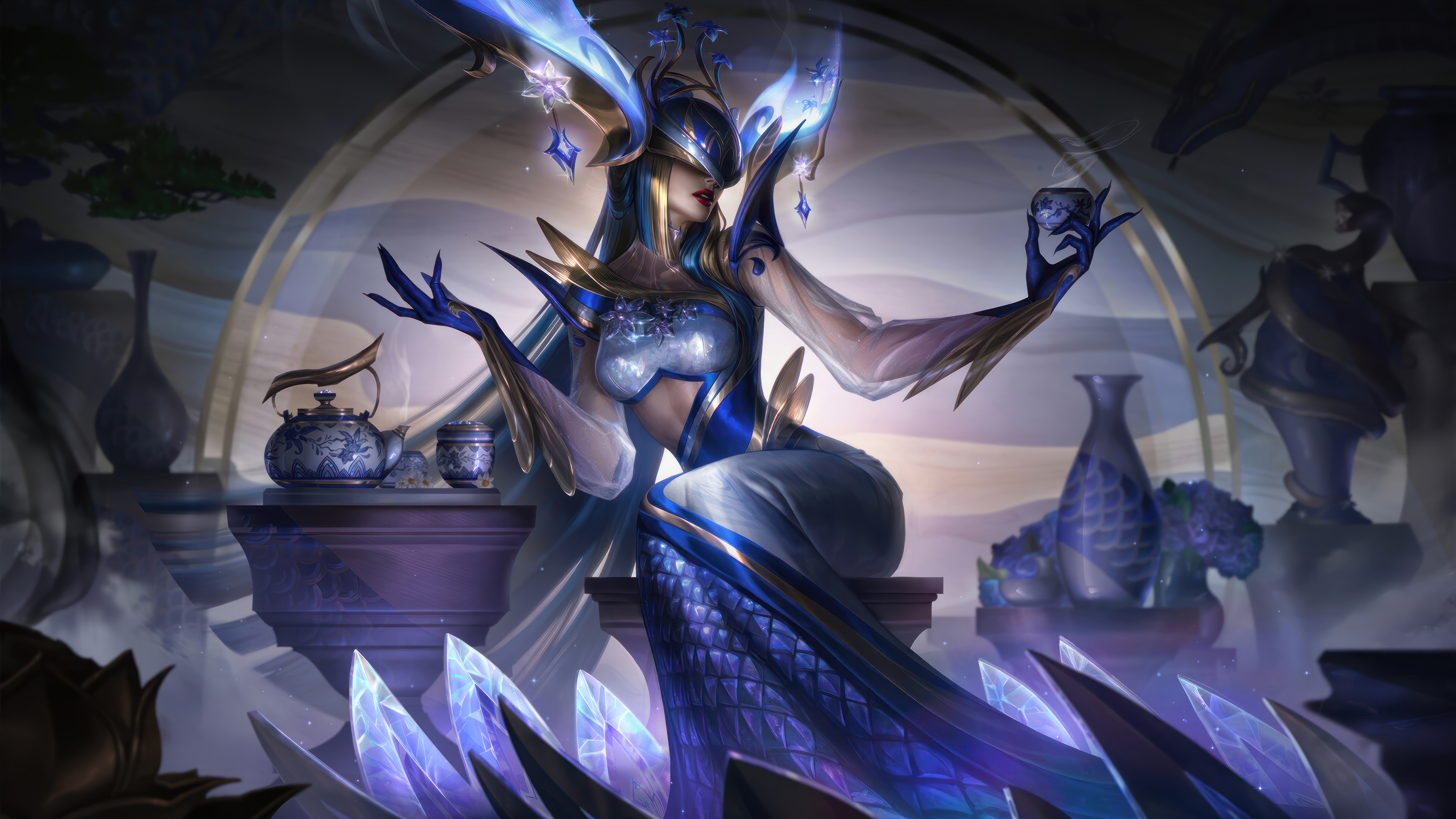 General 7680x4320 Porcelain porcelain (League of Legends) Lissandra (League of Legends) Prestige Edition (League of Legends) League of Legends digital art Riot Games GZG 4K video games video game art video game characters two tone hair
