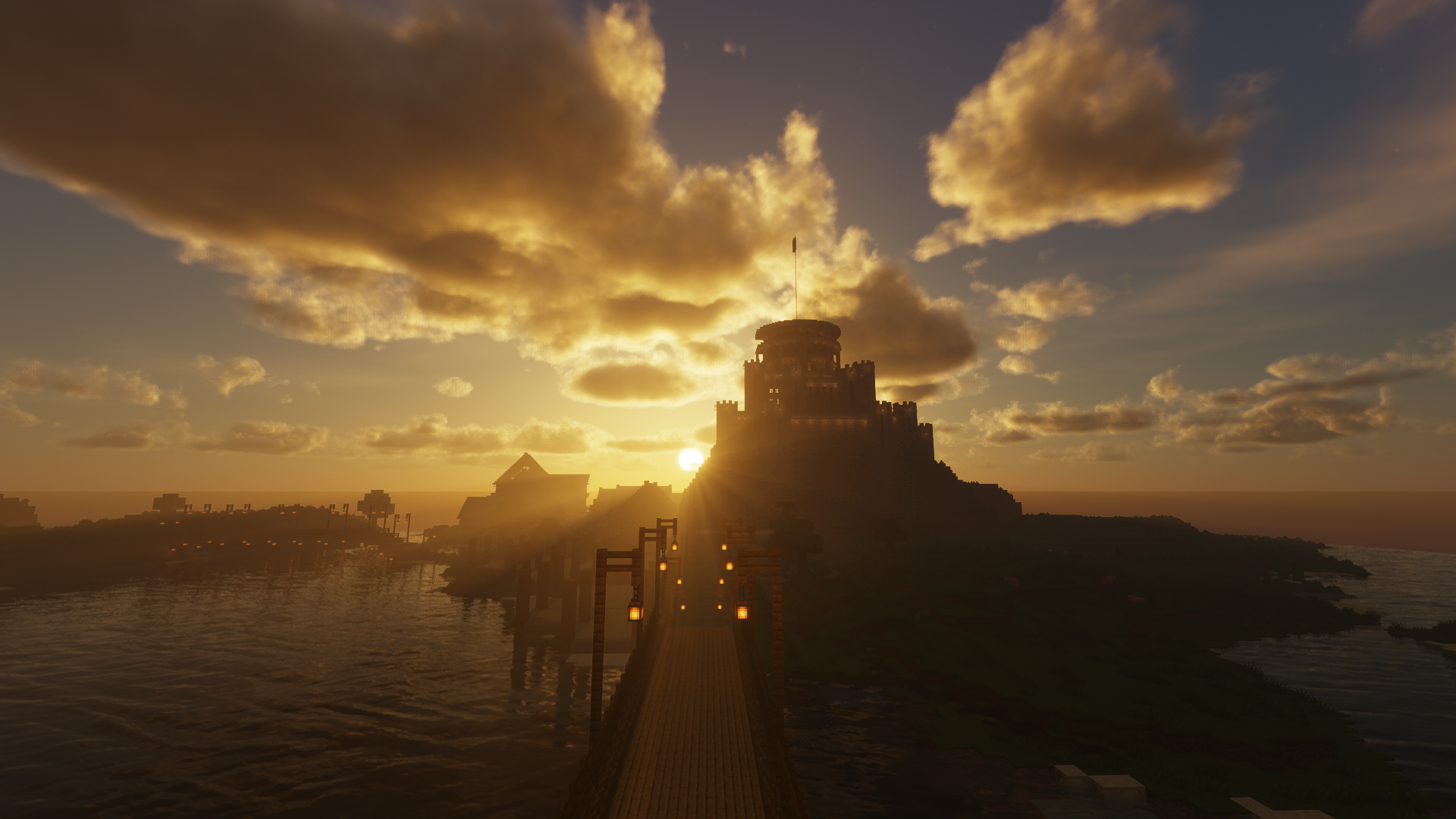 General 1920x1080 Minecraft building CGI video games clouds sunset sunset glow water path