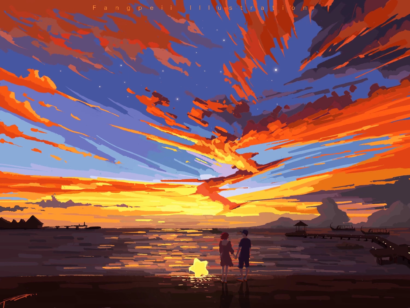 General 1440x1080 clouds artwork sky sunset sunset glow holding hands stars