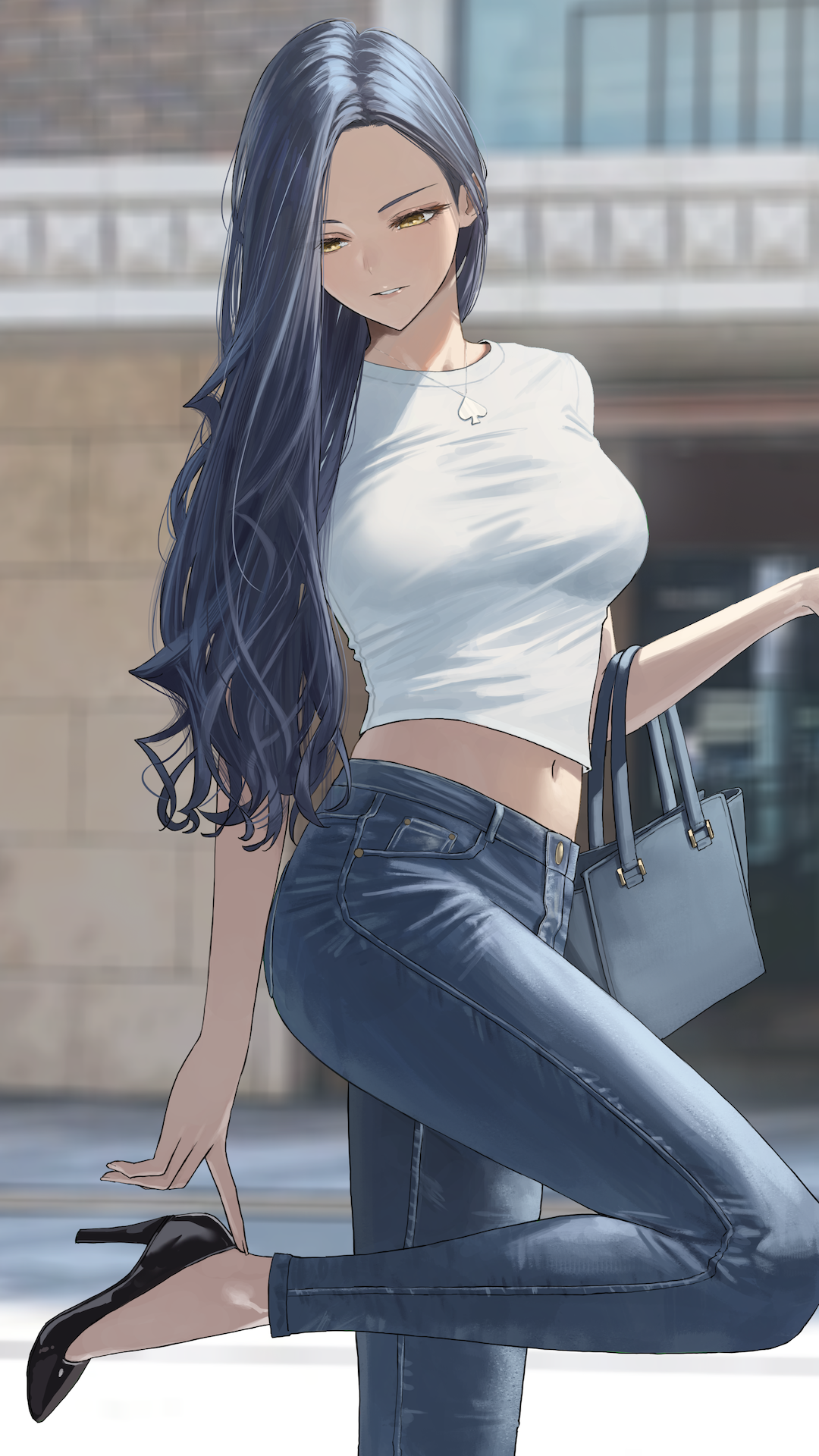 Anime 1080x1920 petite digital art artwork 2D portrait portrait display looking at viewer Pixiv belly belly button bare midriff heels purse long hair necklace