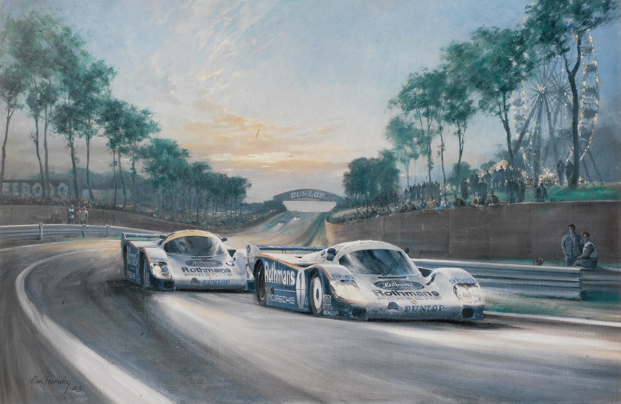 General 2144x1394 artwork oil painting Le Mans sunset Porsche 956 Jacky Ickx Al Holbert Alan Fearnley signature trees sky clouds frontal view road vehicle watermarked digital art
