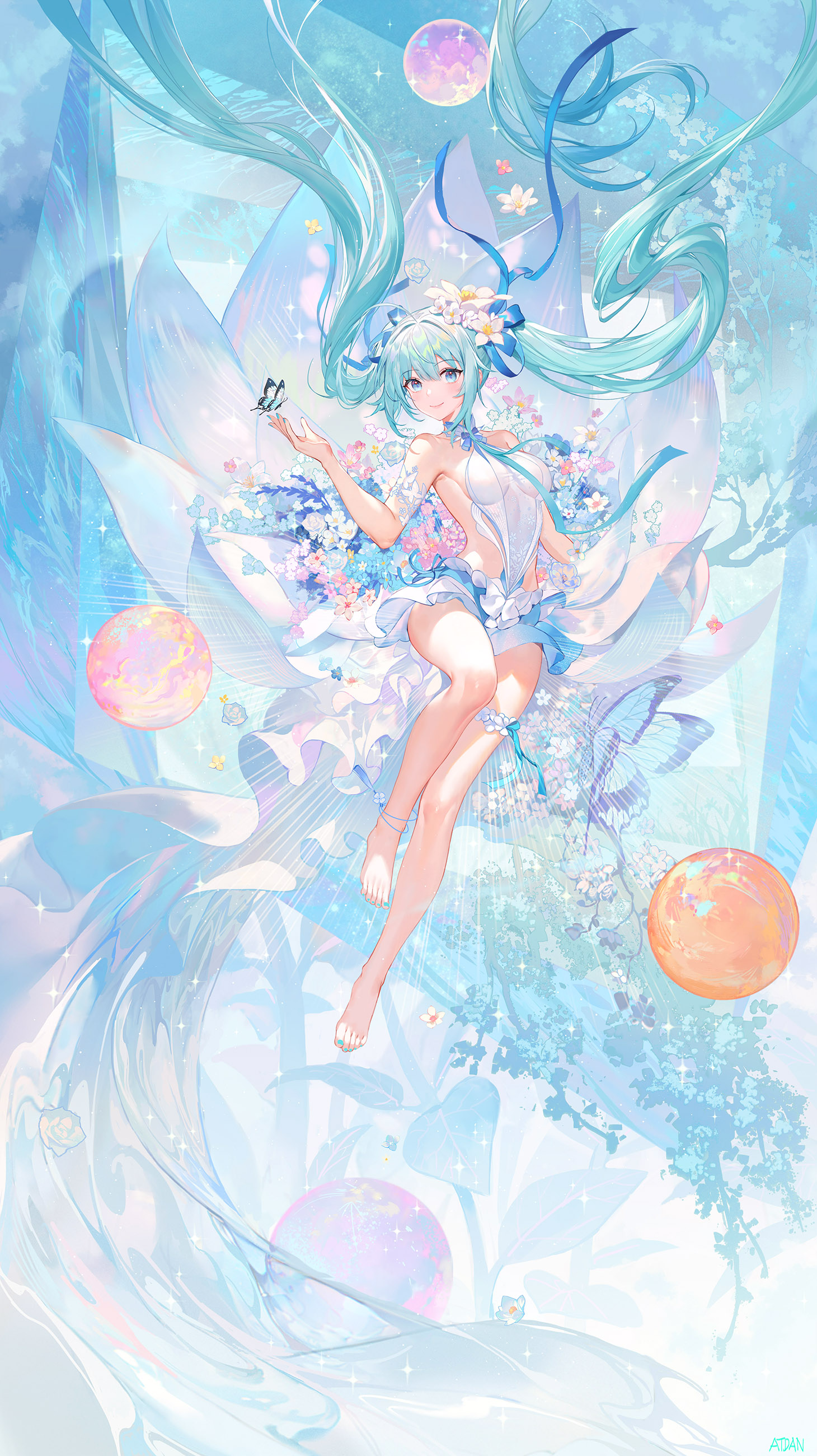Anime 1460x2600 Vocaloid Hatsune Miku twintails long hair blue hair blue eyes looking at viewer smiling flower in hair anime girls portrait display dress sideboob flowers feet butterfly stars Atdan white dress