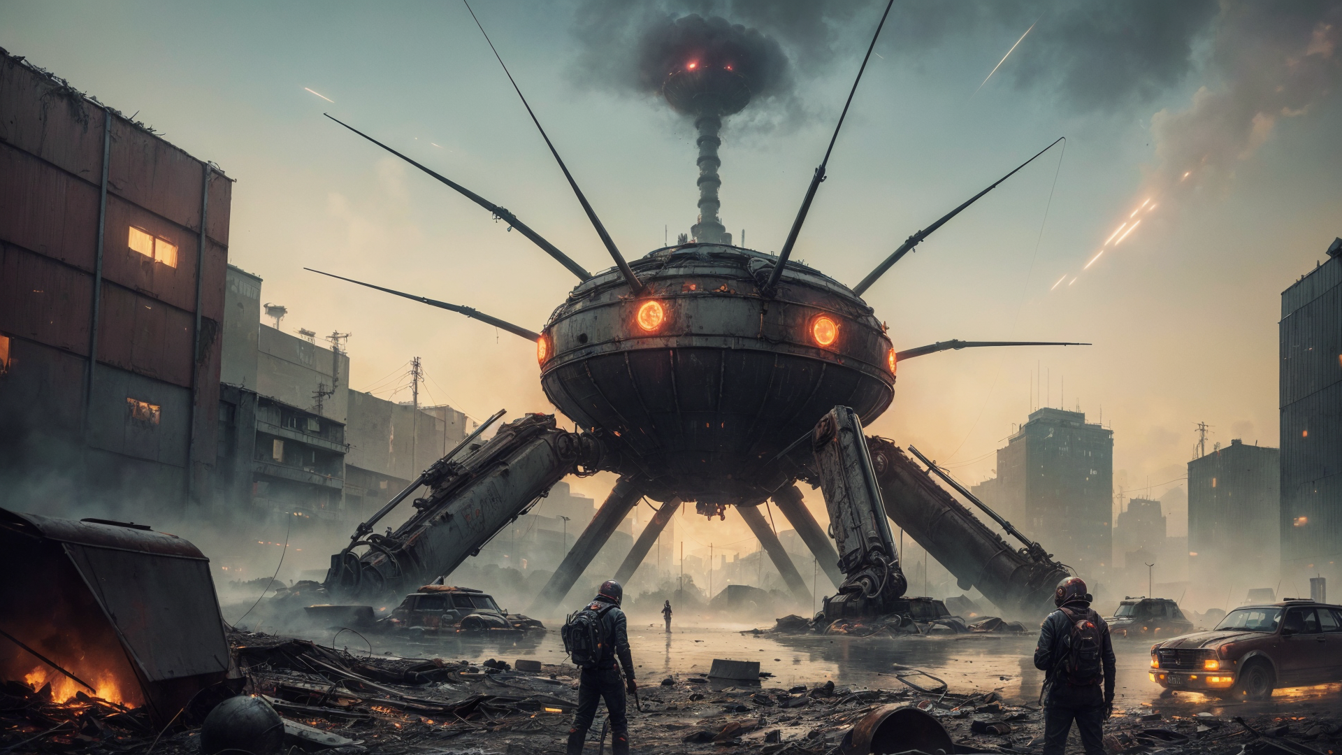 General 1920x1080 Stable Diffusion futurism futuristic science fiction post apocalypse robot AI art spaceship digital art sky clouds water reflection technology
