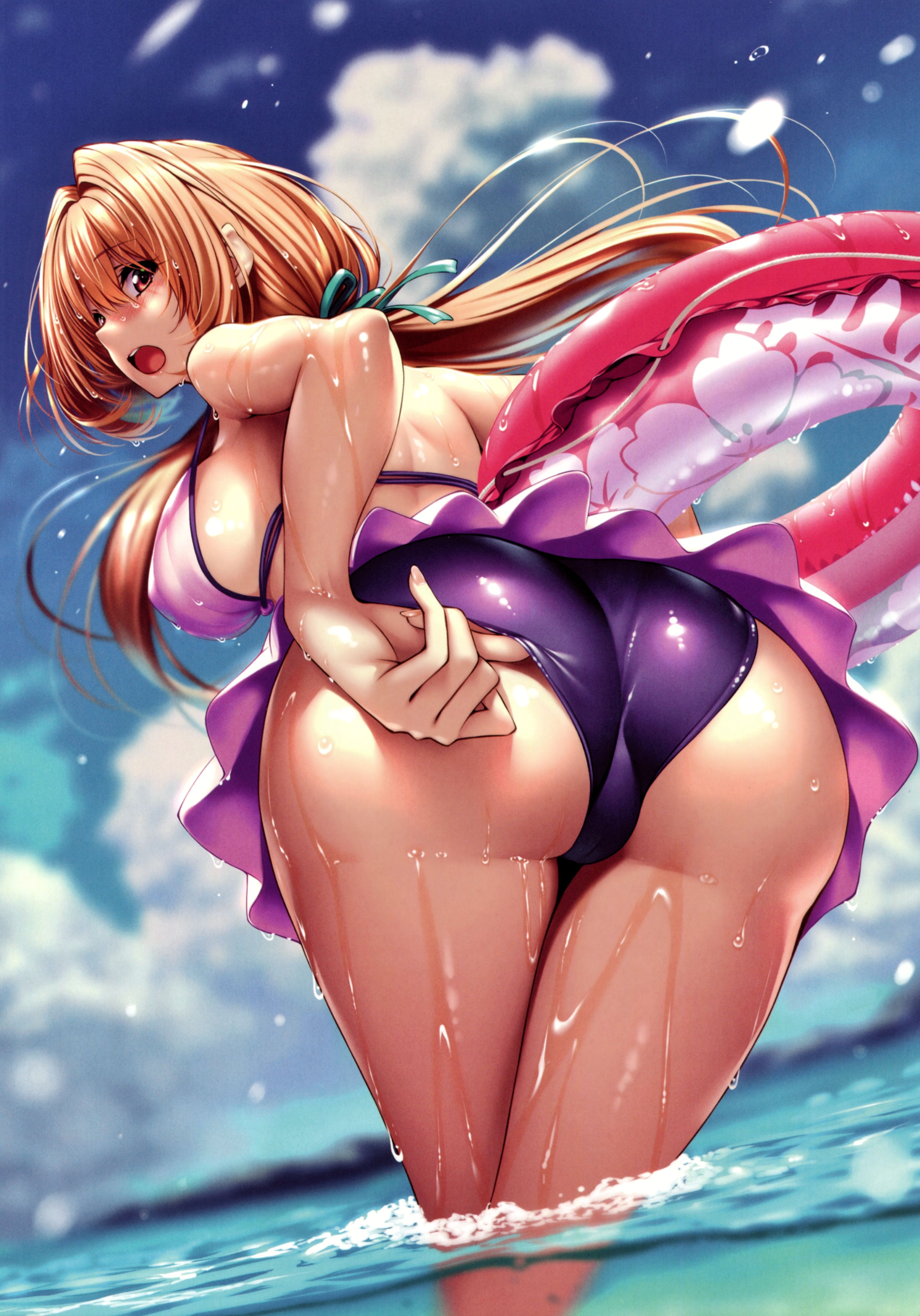 Anime 4215x6028 anime girls portrait display bikini standing in water purple bikini thick ass looking back wet body huge breasts long hair floater open mouth bent over swimwear blonde hair ribbon looking at viewer sky ass blurry background piromizu thighs together purple swimsuit sideboob thighs wet clouds