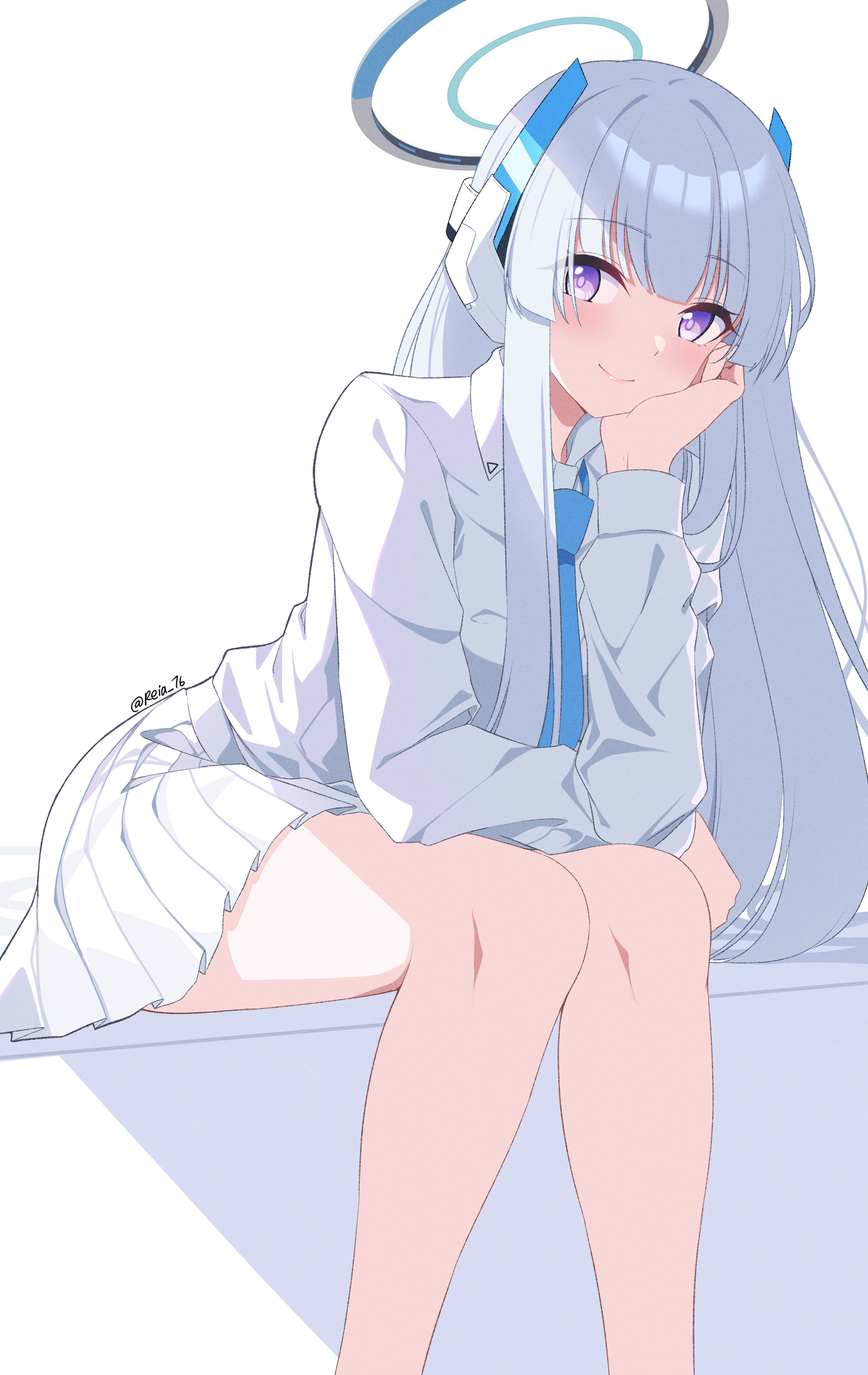 Anime 2000x3167 anime anime girls Blue Archive smiling hand on face sitting Ushio Noa skirt looking at viewer long hair gray hair purple eyes tie simple background white background uniform watermarked minimalism blushing portrait display