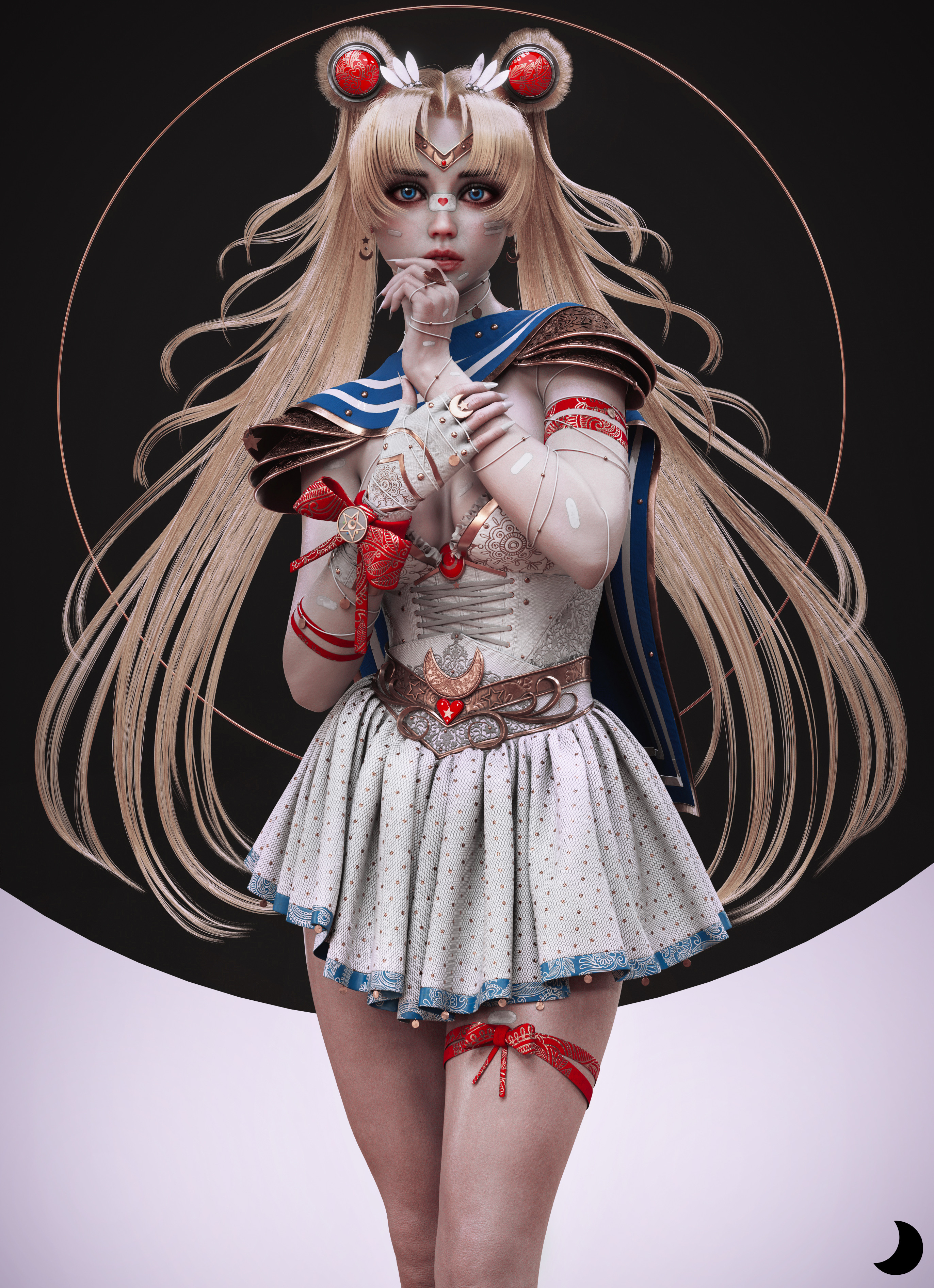 Anime 2744x3784 Dylan Kowalski CGI Sailor Moon blonde dress circle portrait display long hair looking at viewer cleavage crescent moon twintails