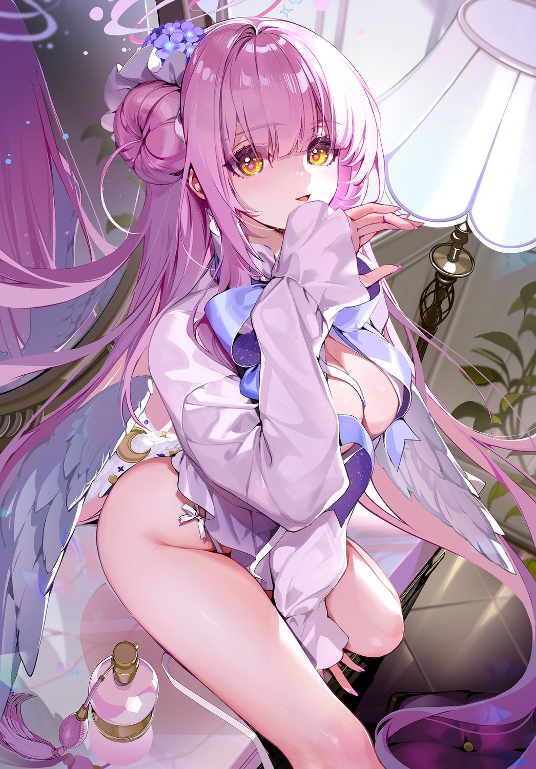 Anime 1046x1500 Misono Mika Blue Archive anime girls long hair pink hair yellow eyes hairbun lamp looking at viewer sitting thighs big boobs anime girl with wings leaves portrait display mirror reflection AkiZero smiling perfume tile floor wings