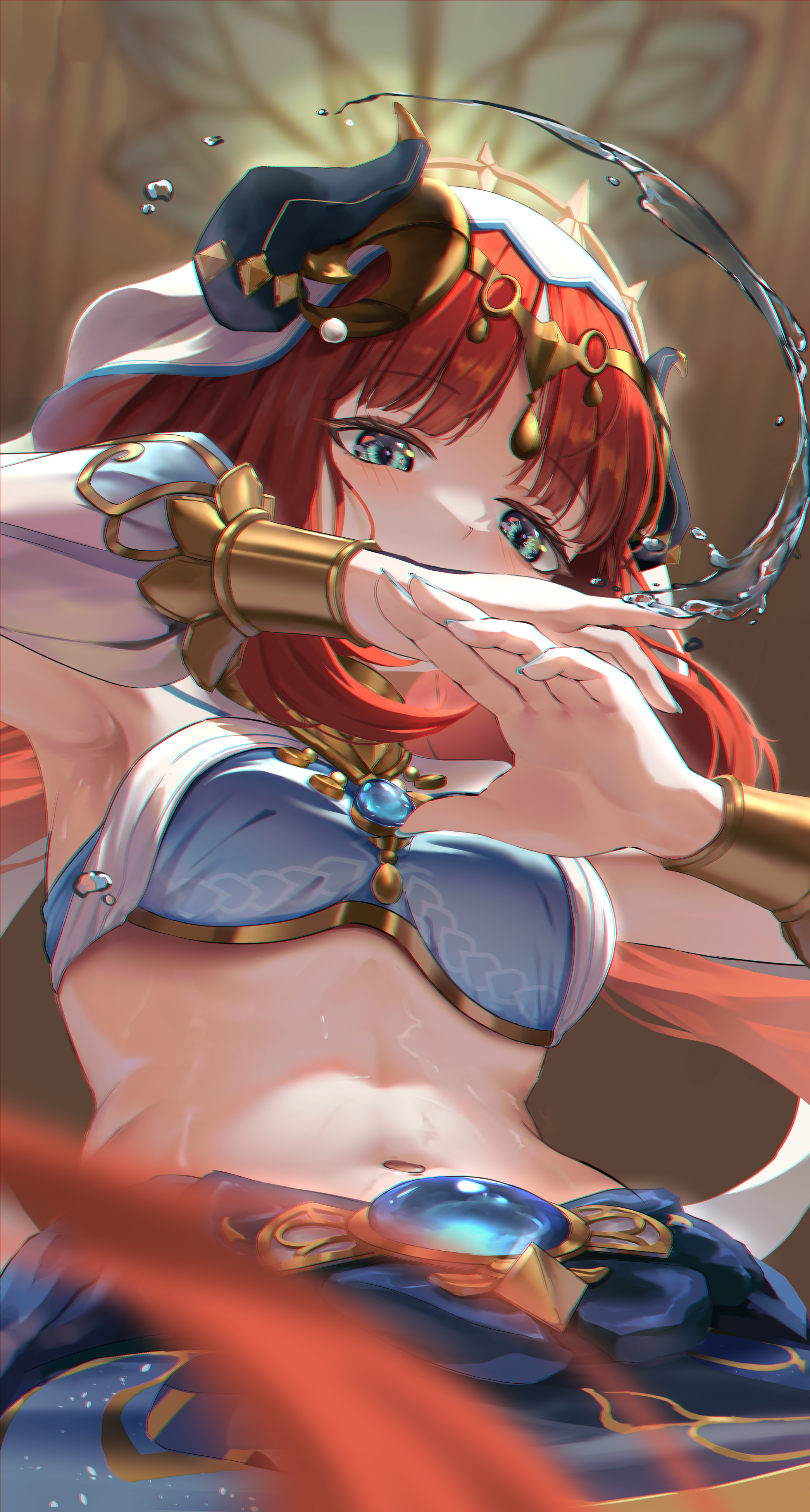 Anime 2090x3900 anime anime girls Pixiv Genshin Impact Nilou (Genshin Impact) water blue eyes redhead portrait display looking at viewer twintails looking below water drops