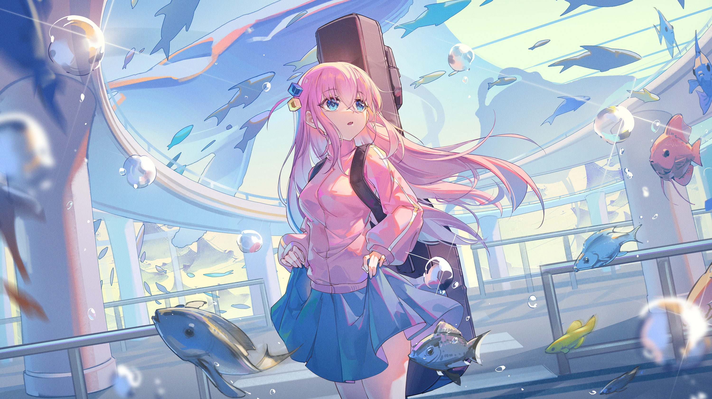 Anime 3000x1681 anime anime girls BOCCHI THE ROCK! fish pink hair blue eyes animals lifting skirt bubbles looking away long hair underwater water whale backpacks