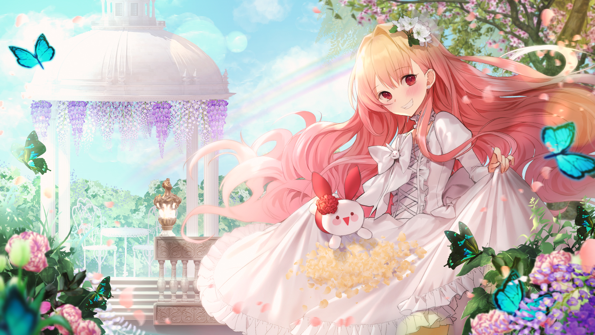 Anime 1920x1080 anime anime girls long hair butterfly looking at viewer blushing lifting dress flowers insect smiling gradient hair rainbows sky clouds leaves flower in hair