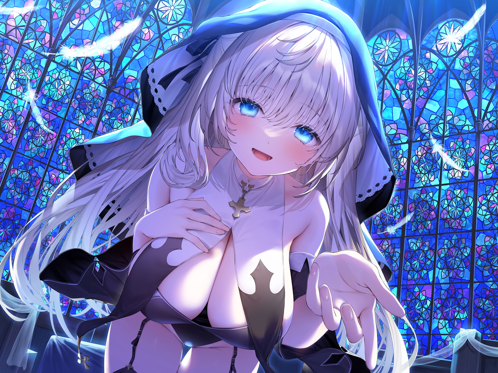 Anime 2000x1500 anime anime girls nuns nun outfit cleavage big boobs feathers blushing looking at viewer bent over stained glass long hair stockings garter straps blue eyes blonde bare shoulders cross hoods