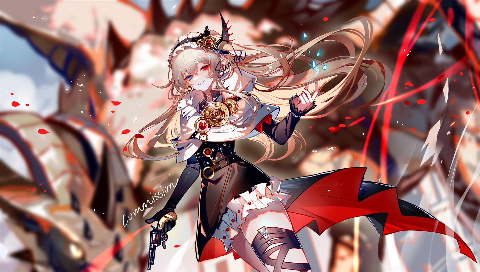 Anime 2000x1132 anime anime girls heterochromia long hair gun girls with guns smiling looking at viewer blurred blurry background dragon creature standing petals blonde