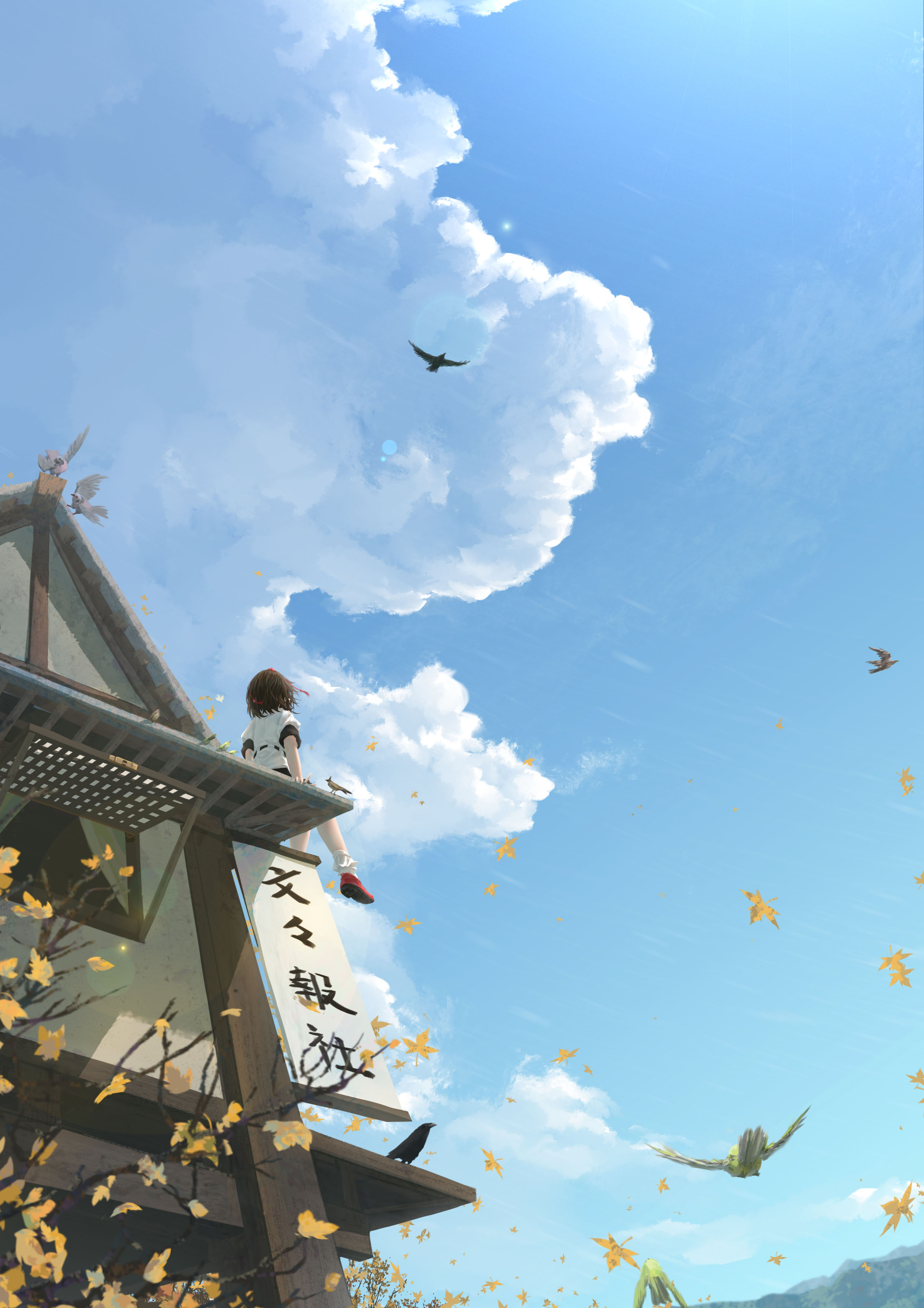 Anime 2480x3508 Touhou Shameimaru Aya portrait display anime girls low-angle black hair looking into the distance leaves maple leaves cumulus Japanese outdoors birds Fasnakegod clouds sky sitting
