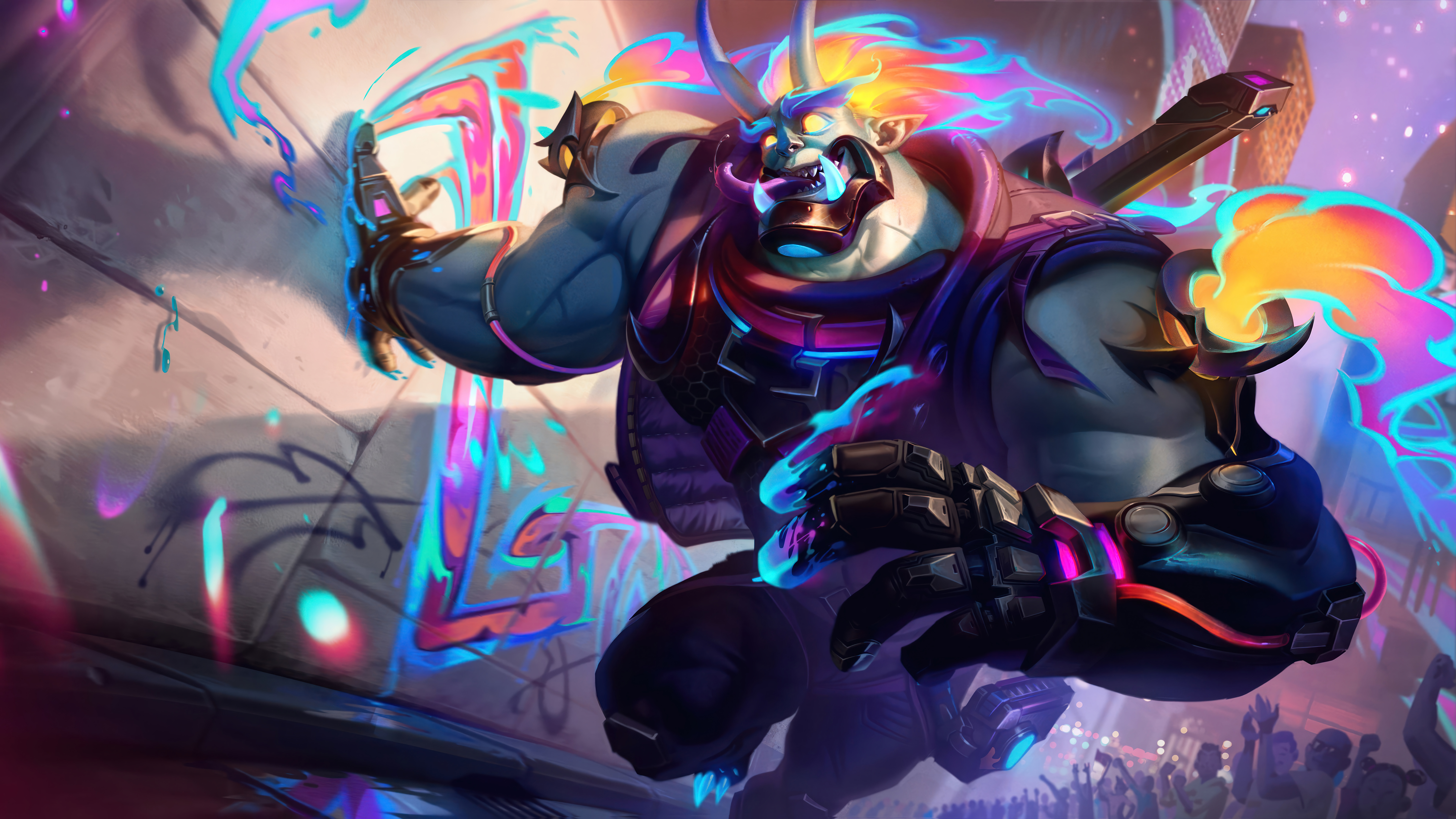 General 7680x4320 Street Demon (League of Legends) Dr. Mundo (League of Legends) League of Legends digital art Riot Games GZG 4K video games muscles video game characters video game art graffiti glowing eyes
