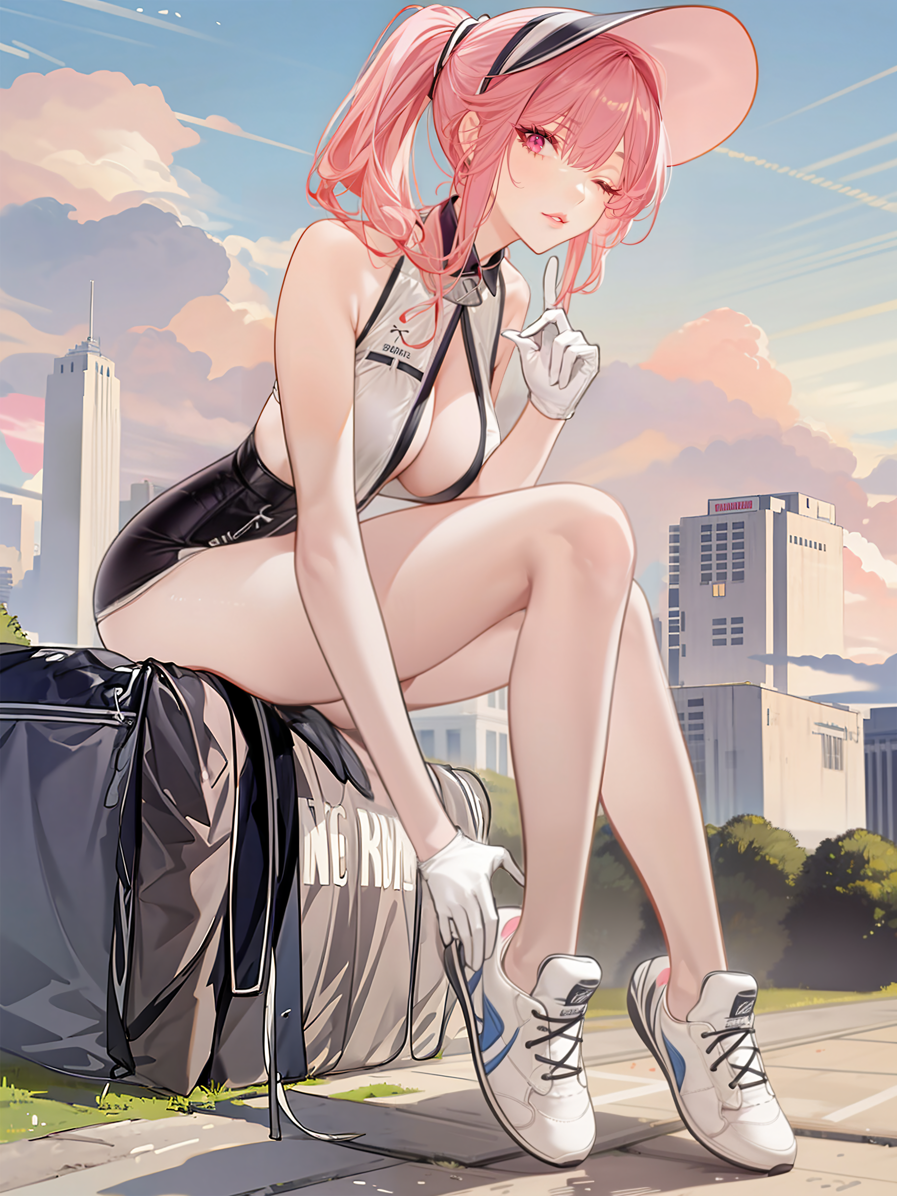Anime 1829x2438 anime anime girls Clemenceau (Azur Lane) Azur Lane sitting portrait display gloves big boobs one eye closed ponytail clouds sky looking at viewer shoes pink hair pink eyes bare shoulders building legs AI art