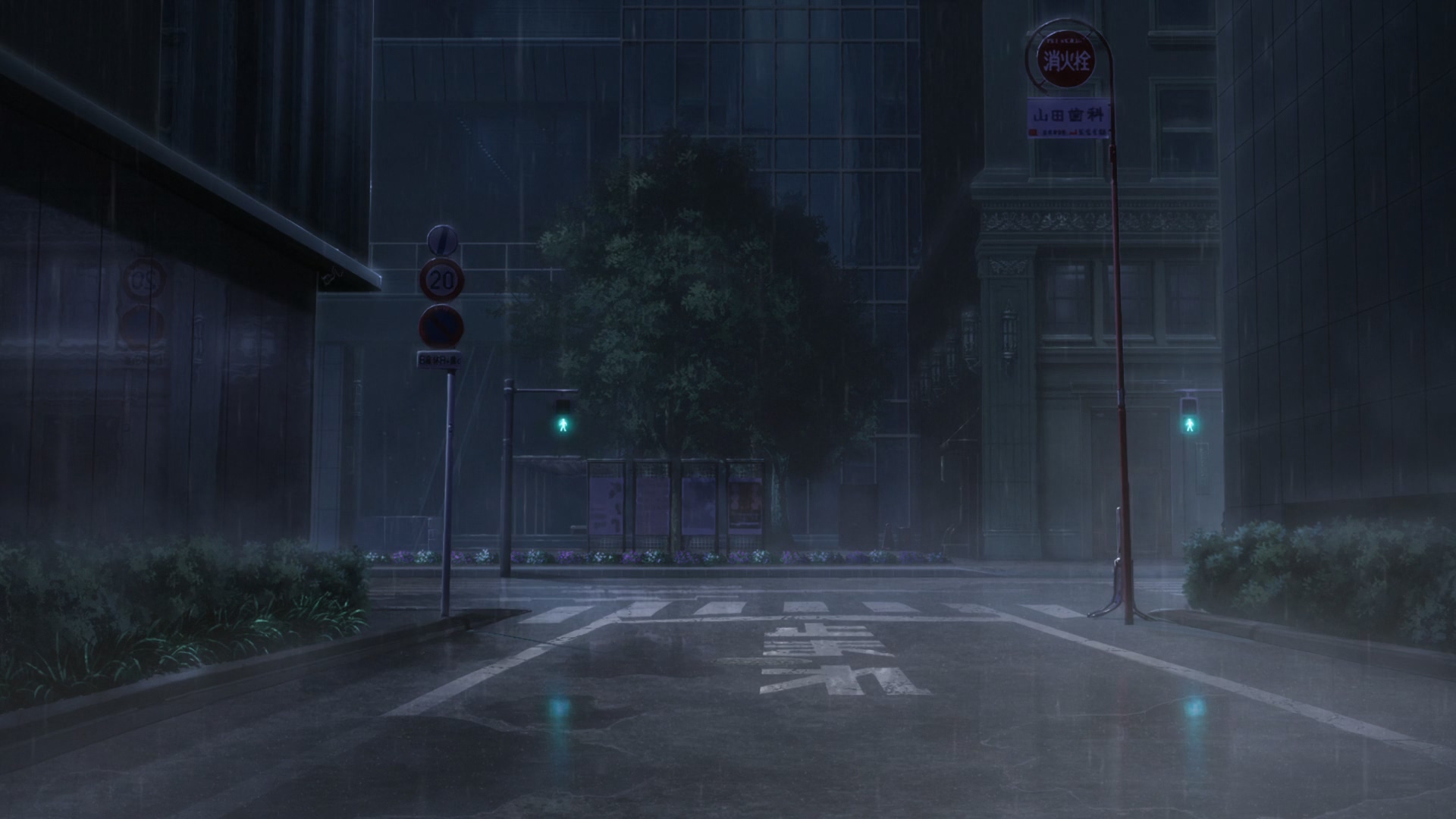 Anime 1920x1080 Mahou Shoujo Magical Destroyers anime city rain anime street light building street trees crosswalk