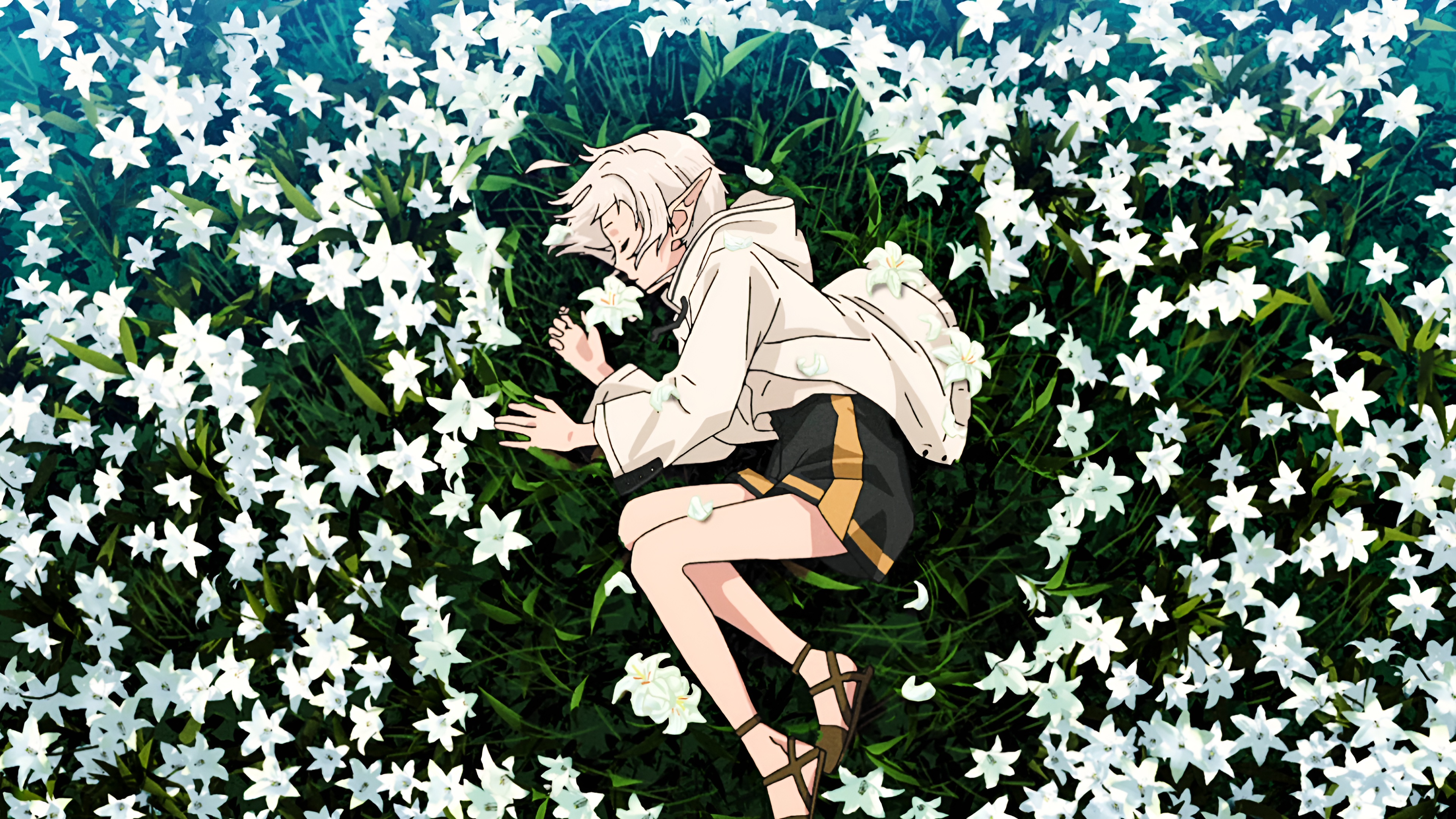 Anime 3840x2160 Mushoku Tensei anime Sylphiette anime girls pointy ears closed eyes flowers grass sleeping petals lying on side Anime screenshot