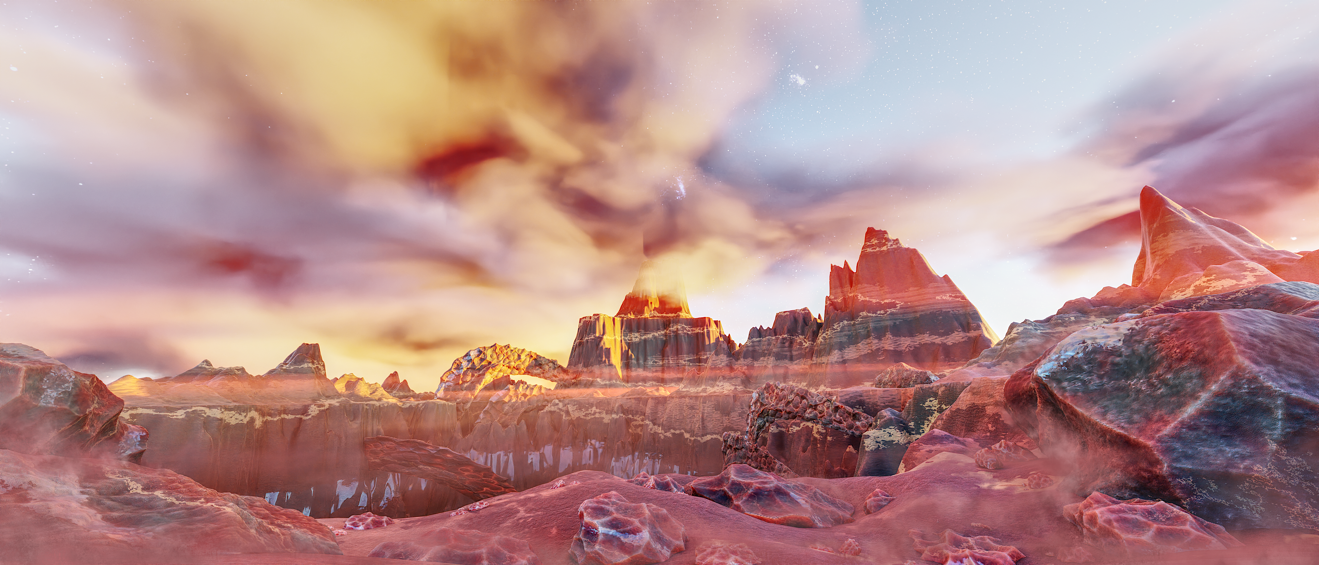 General 4200x1800 landscape alien world desert dust Blender CGI Affinity sky clouds digital art