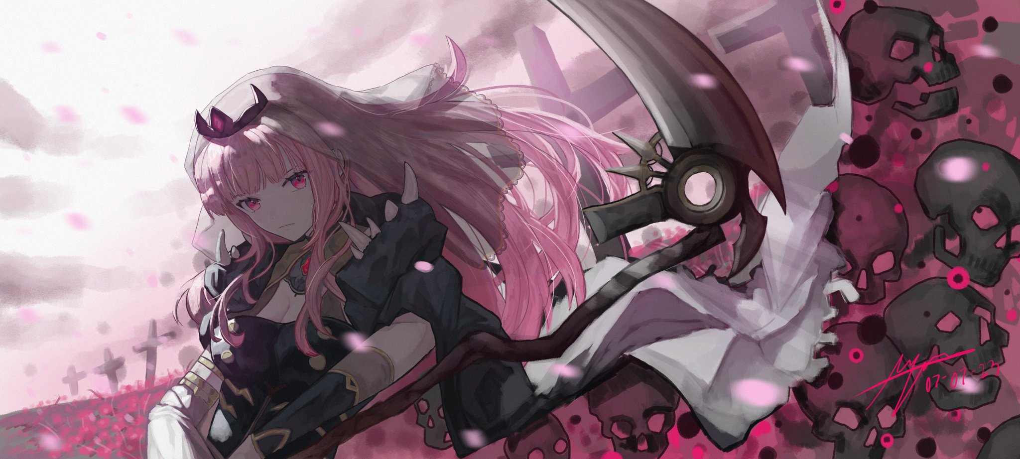 Anime 2048x922 anime girls Virtual Youtuber Hololive Hololive English Mori Calliope reaper pink hair skull looking at viewer long hair petals cross weapon