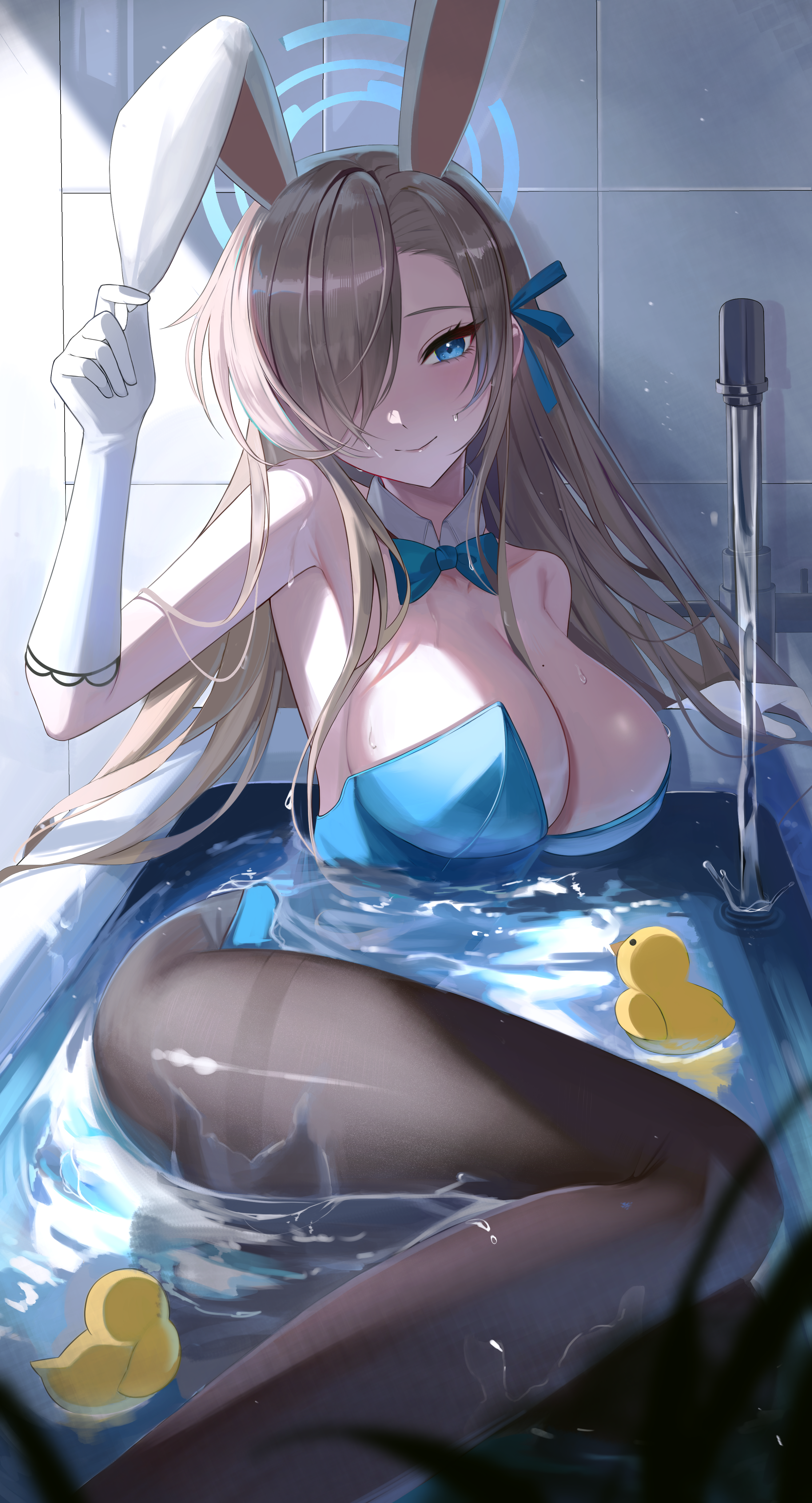 Anime 2640x4886 Blue Archive anime girls Asuna Ichinose water in bathtub bathtub portrait display wet bunny girl bunny suit blue leotard leotard big boobs cleavage huge breasts blonde long hair pantyhose black pantyhose gloves white gloves wet clothing elbow gloves bow tie rubber ducks thighs hair over one eye wet hair blushing animal ears bunny ears blue eyes one arm up armpits lying down moles lying on side bathroom in bathroom smiling bare shoulders sa 2da looking at viewer