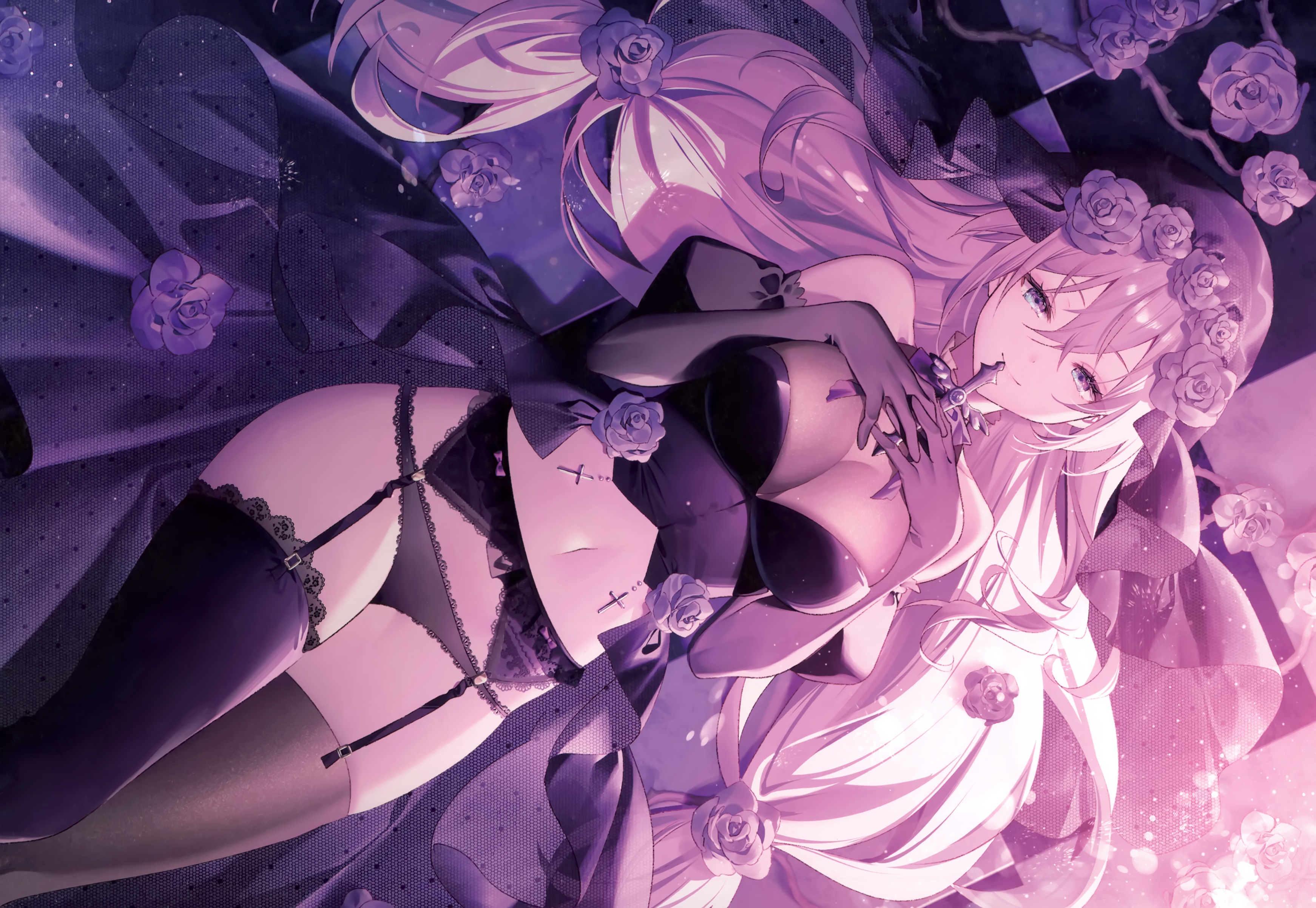 Anime 3485x2405 anime anime girls stockings garter belt garter straps cleavage big boobs looking at viewer flowers flower in hair elbow gloves long hair smiling checkered belly button lingerie lying on back lying down
