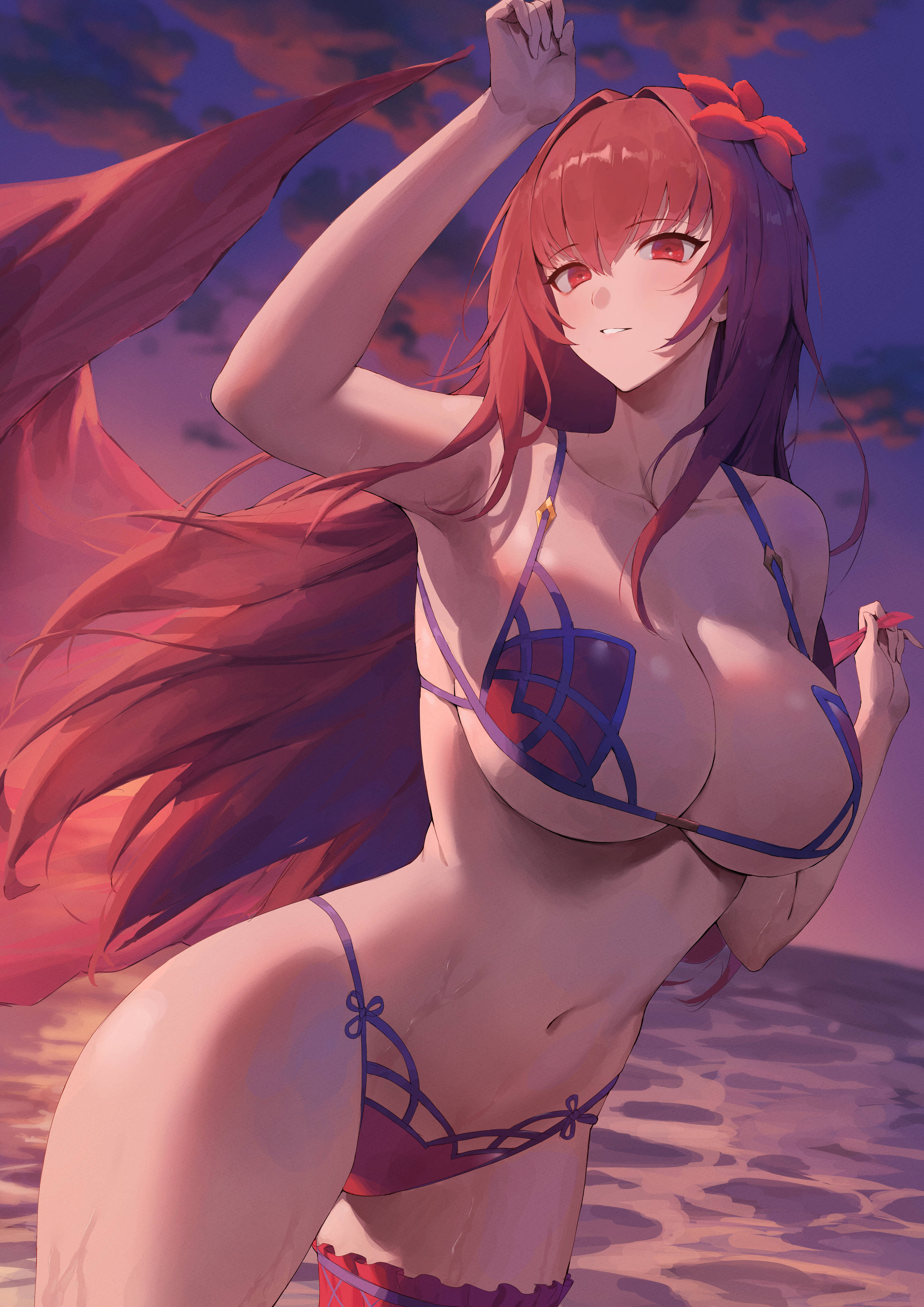 Anime 2894x4093 Fate/Grand Order bikini Fate series anime girls Scathach purple hair swimwear big boobs cleavage red eyes flower in hair water hair ornament smiling portrait display belly belly button thighs wet body flowers purple bikini armpits Memero one arm up clouds long hair