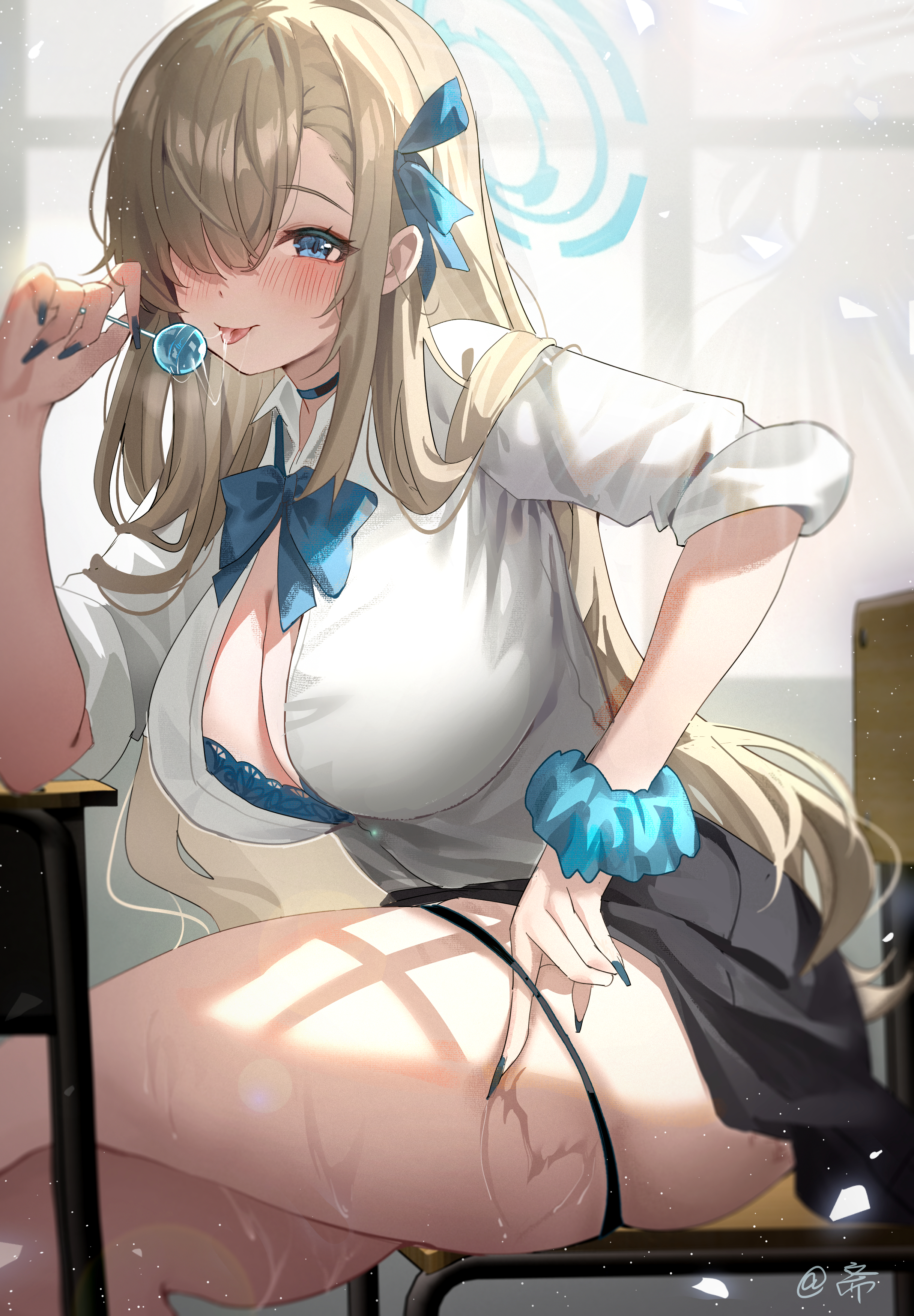 Anime 2436x3508 anime anime girls Blue Archive bow tie Asuna Ichinose lollipop saliva saliva trail blonde blue eyes long hair scrunchy cleavage portrait display sitting blushing big boobs open shirt looking at viewer tongue out choker hair over one eye legs crossed Tansuan