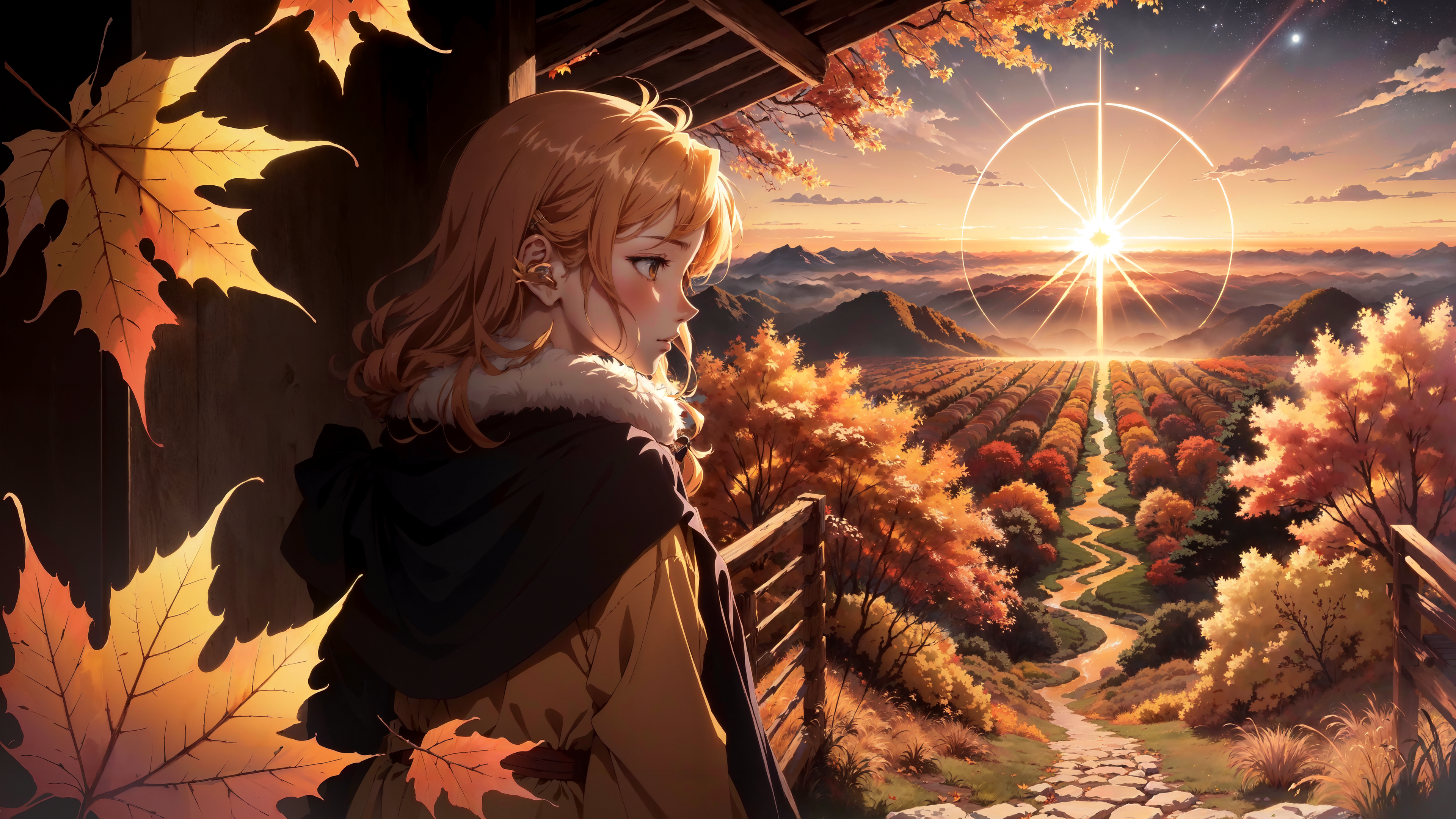 Anime 3840x2160 AI art women seasons forest happiness landscape outdoors leaves nature October orange rural sunset trees warm colors yellow 4K Stable Diffusion photopea DeviantArt path mountains looking away