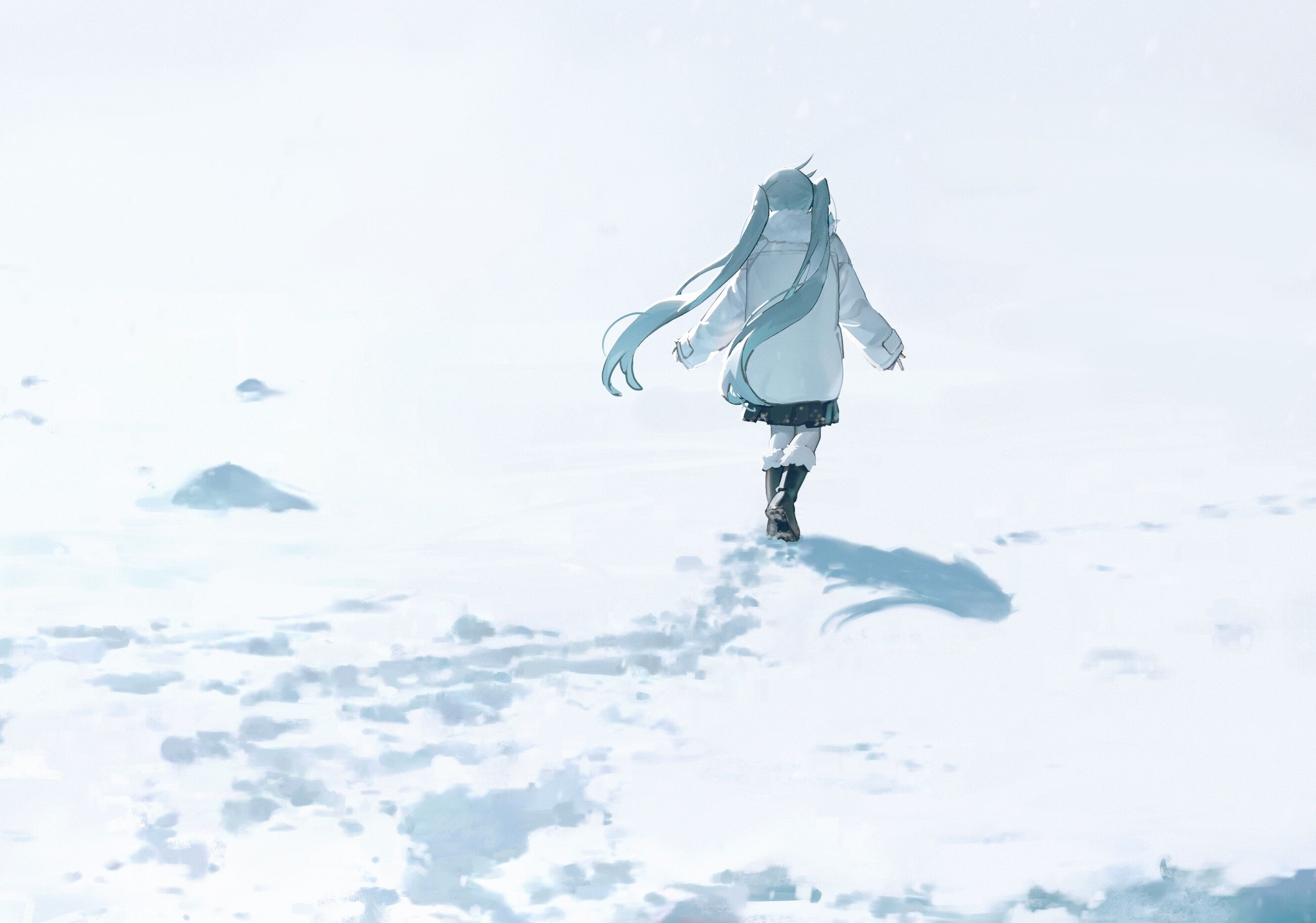 Anime 2660x1865 Pixiv anime snow Hatsune Miku Vocaloid anime girls twintails coats simple background white minimalism white background shadow winter