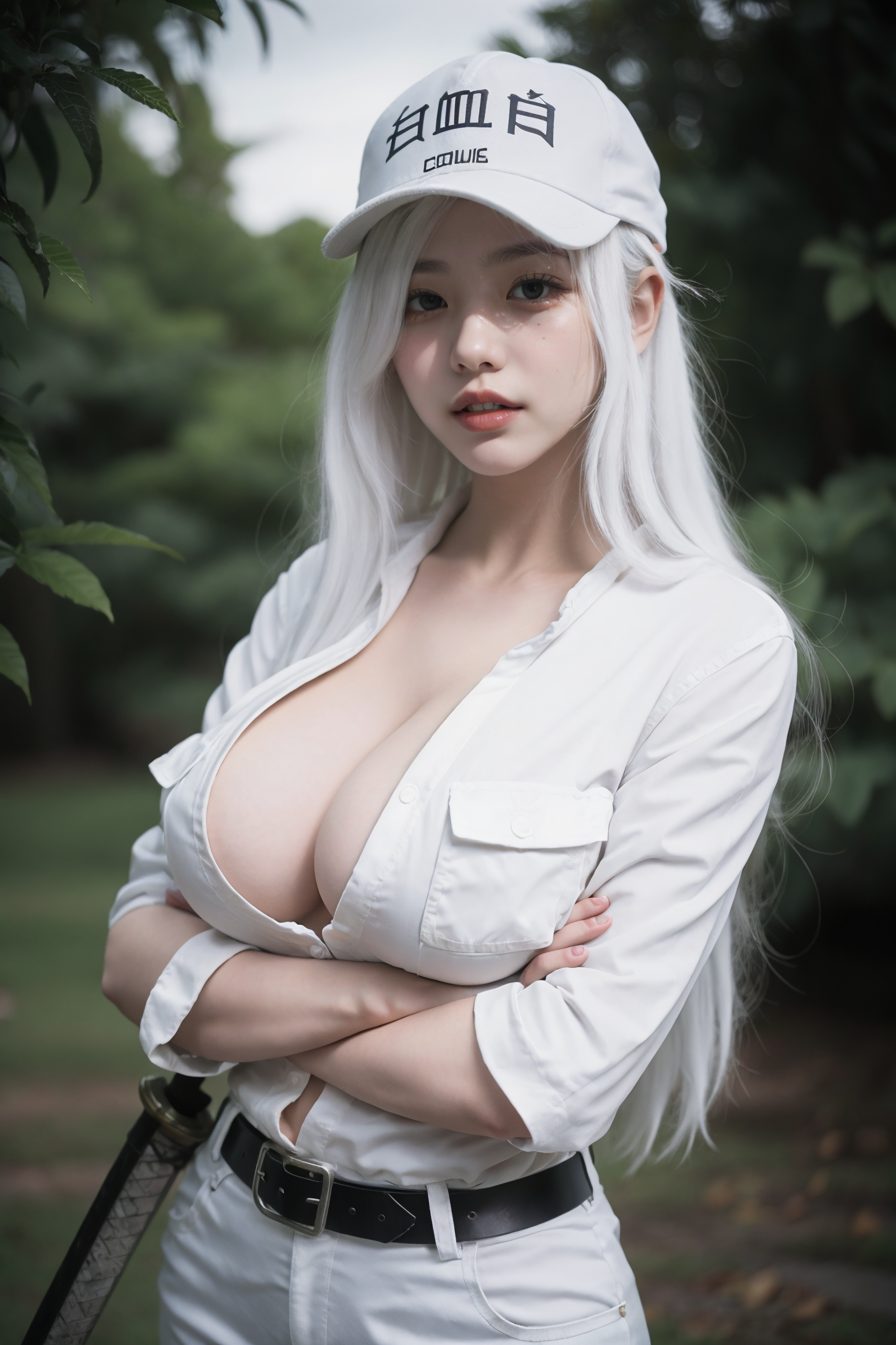 General 2048x3072 AI art women AI OFUG cleavage white hair looking at viewer illustration digital art Asian portrait display hat big boobs long hair arms crossed open shirt leaves weapon sword