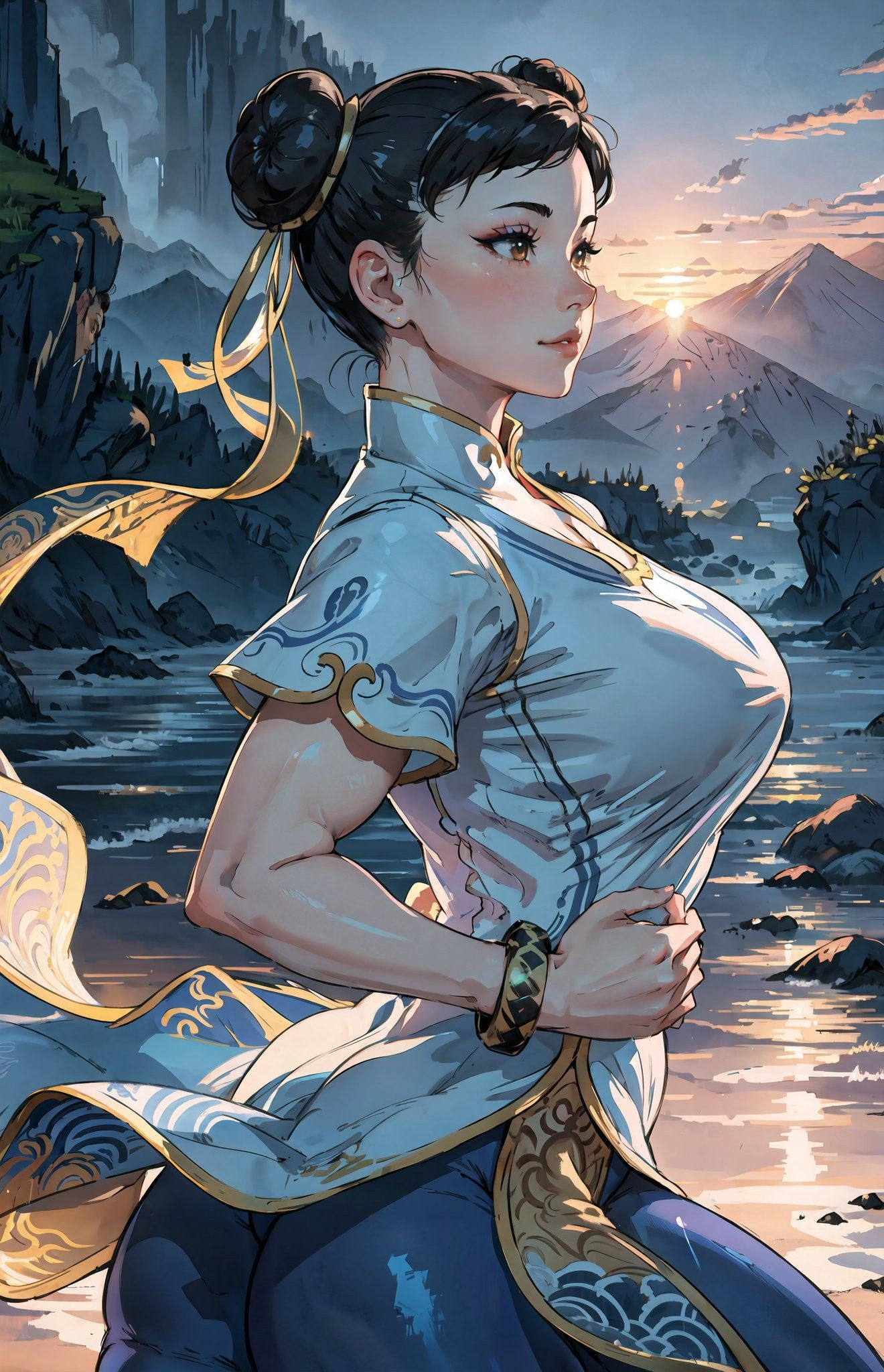 General 1320x2048 Street Fighter Chun-Li AI art portrait display looking away hairbun sunset sunset glow standing video game girls video game characters water mountains sky clouds Chinese dress bracelets