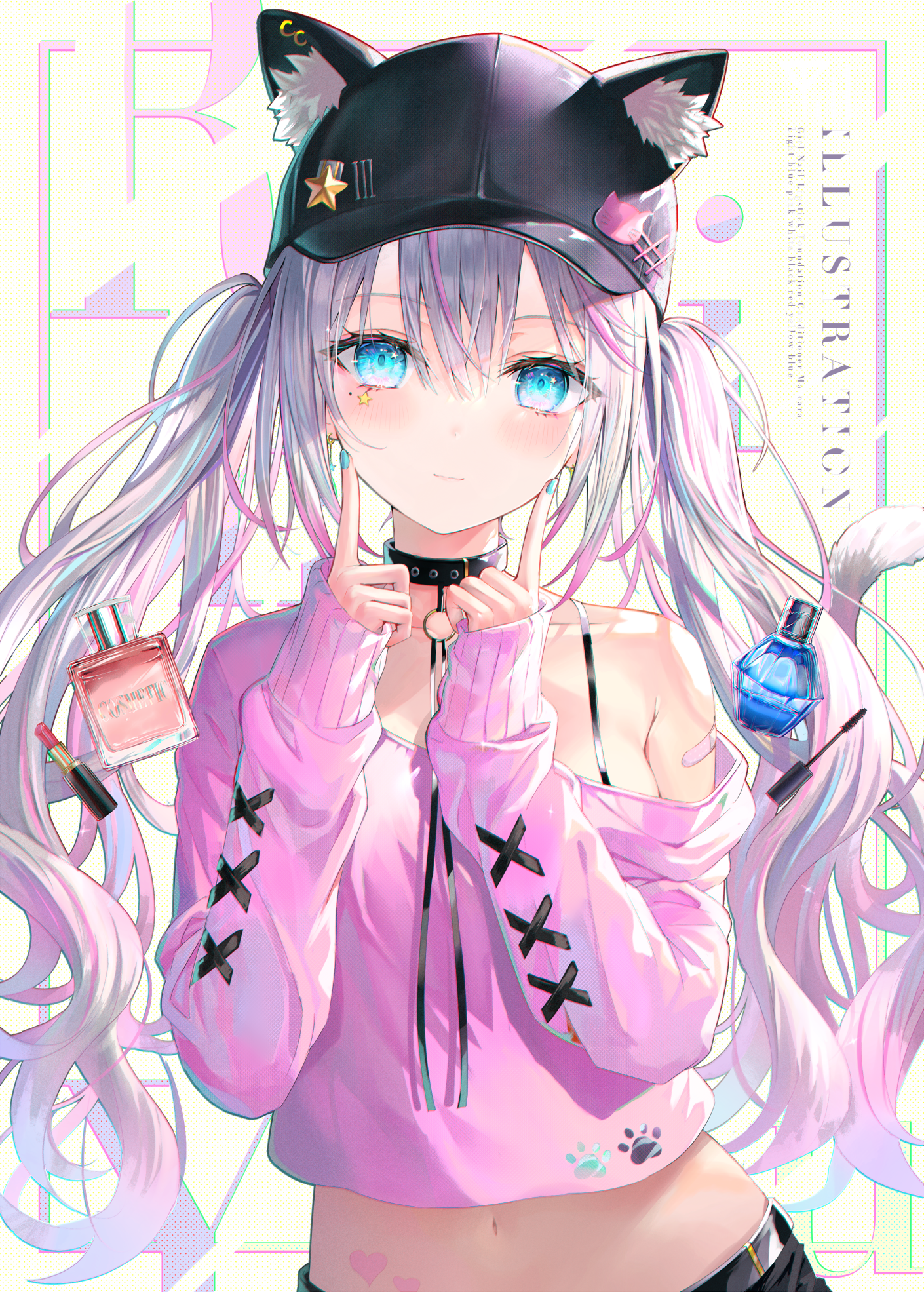 Anime 1410x1971 Pixiv anime anime girls portrait display twintails perfume looking at viewer long hair collar blushing hat moles mole under eye lipstick belly button smiling multi-colored hair