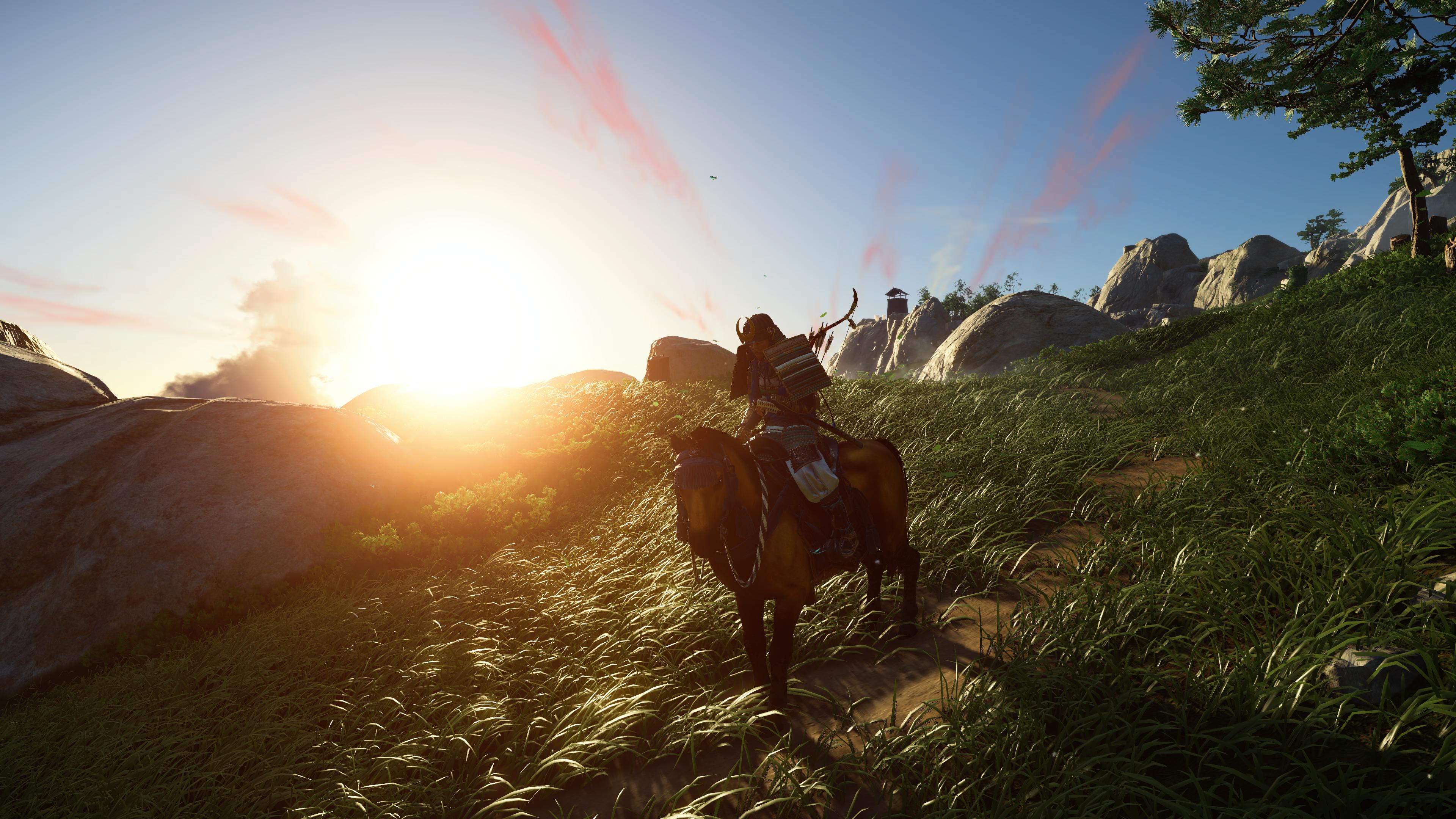 General 3840x2160 Ghost of Tsushima  PlayStation screen shot horse samurai sunset sunset glow sky clouds video games rocks leaves video game art Sucker Punch Productions