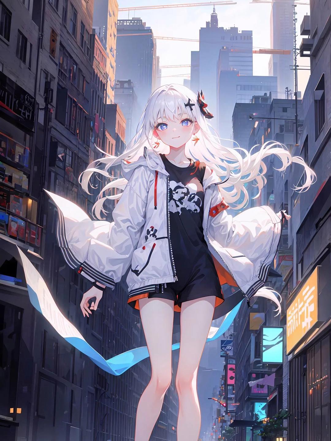 Anime 1080x1440 white hair anime girls blue eyes portrait display long hair looking at viewer building smiling jacket standing AI art