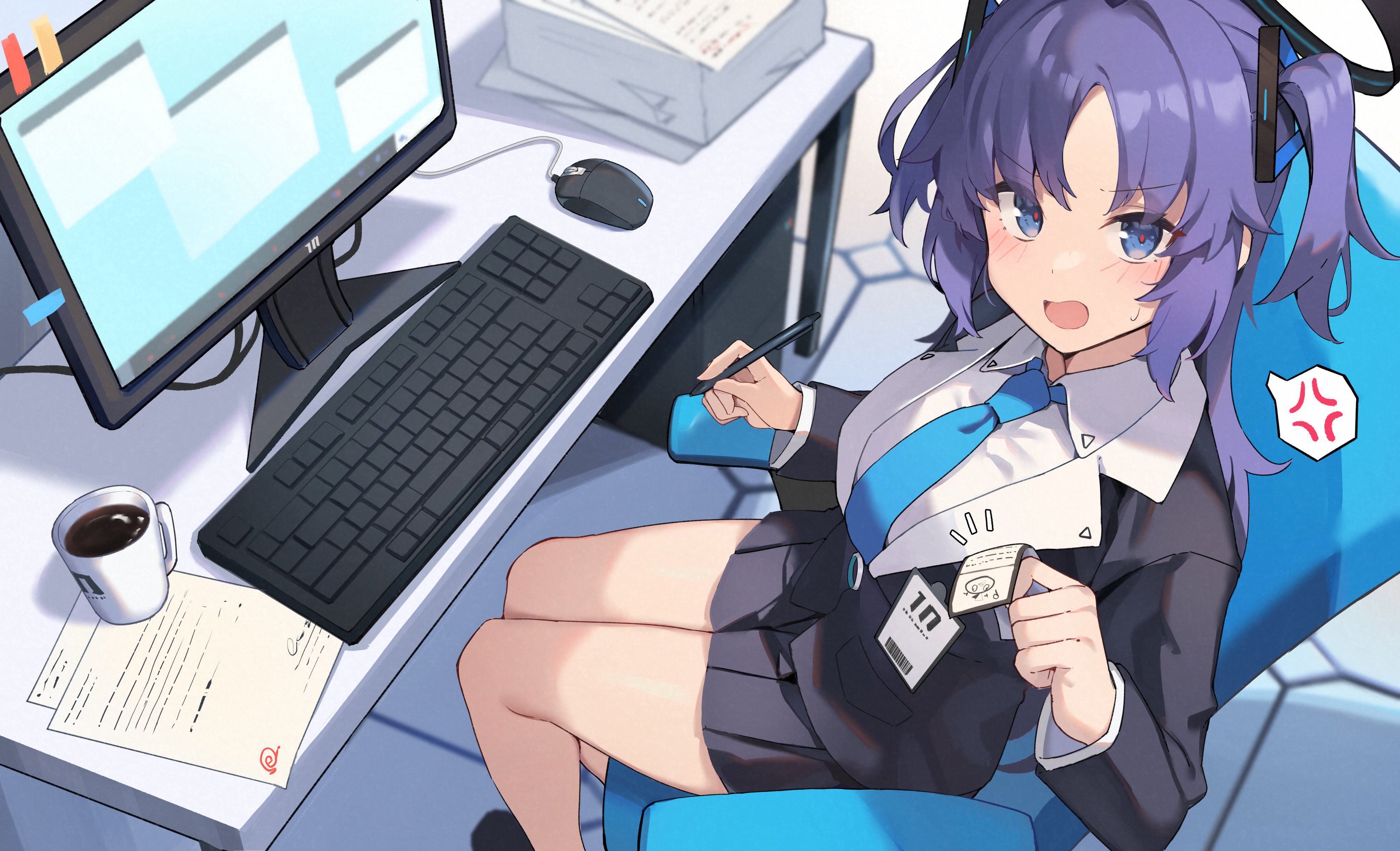 Anime 4096x2489 anime girls anime Blue Archive Hayase Yuuka looking at viewer computer sitting blushing angry drink paper computer mice