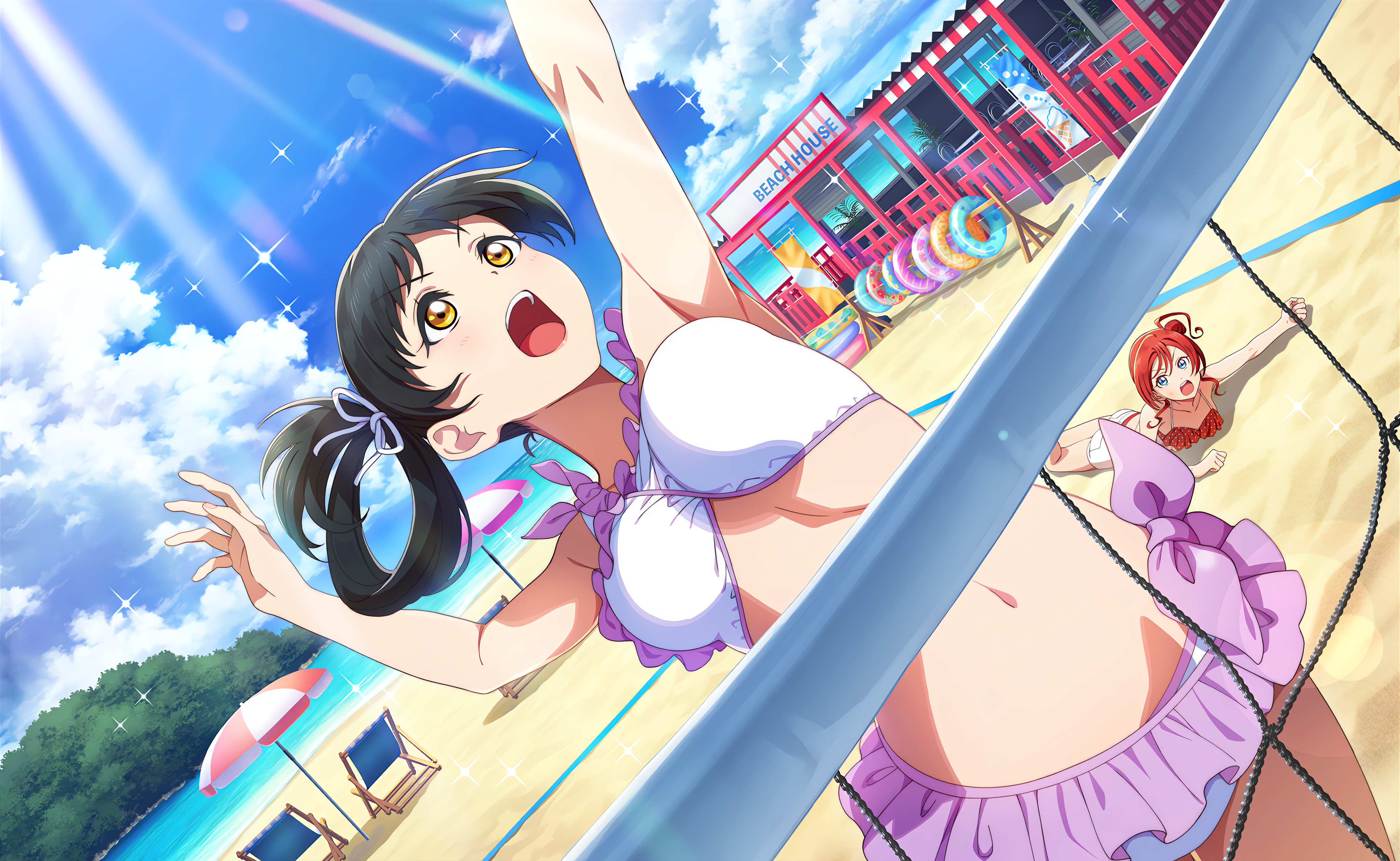 Anime 4096x2520 Hazuki Ren (Love Live!) Love Live! Love Live! Super Star!! anime anime girls sky stars clouds swimwear lying on front sand umbrella water open mouth looking up belly belly button sunlight