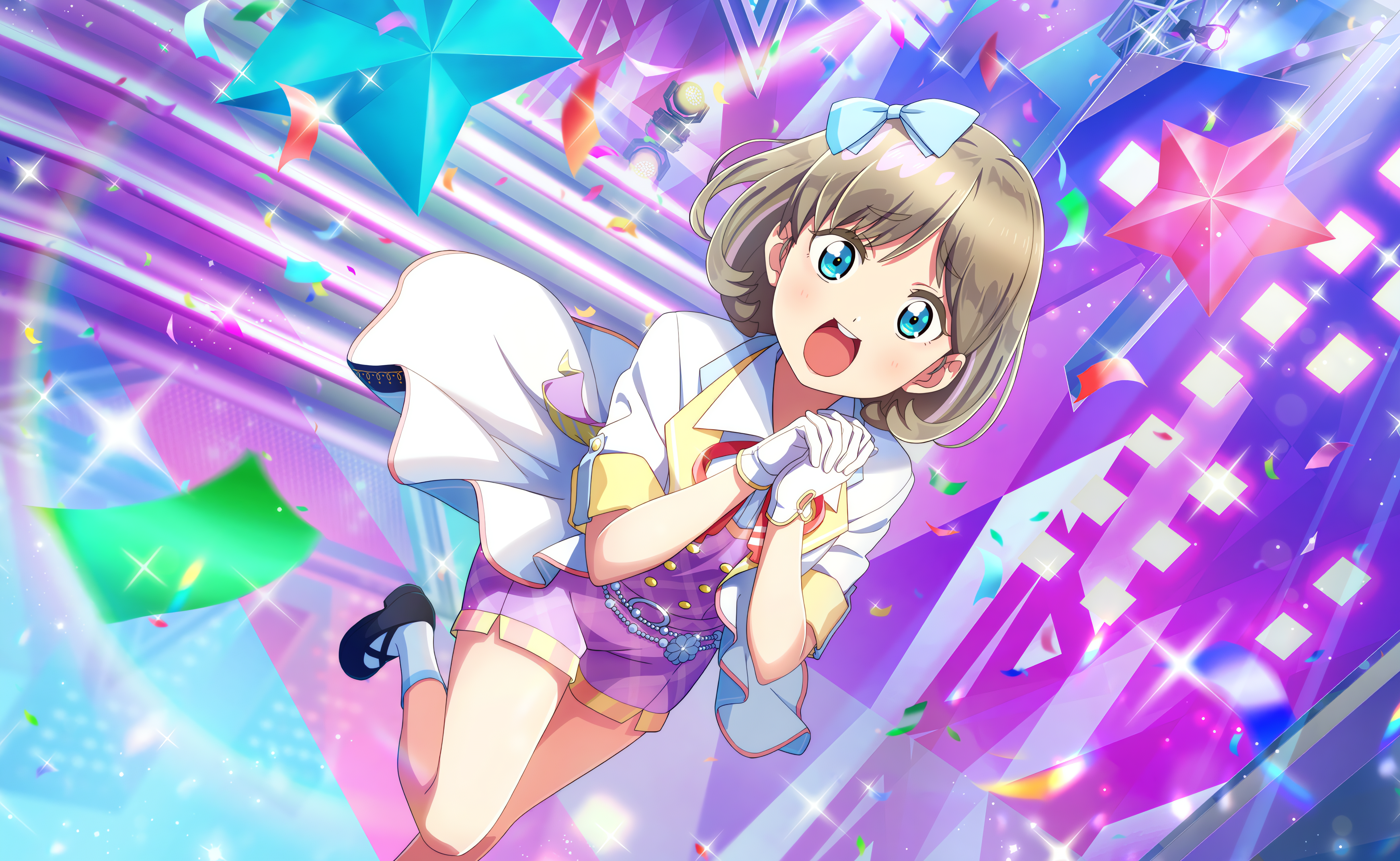 Anime 4096x2520 Tang Keke Love Live! Love Live! Super Star!! anime anime girls open mouth stars looking at viewer gloves confetti short hair stages stage light uniform