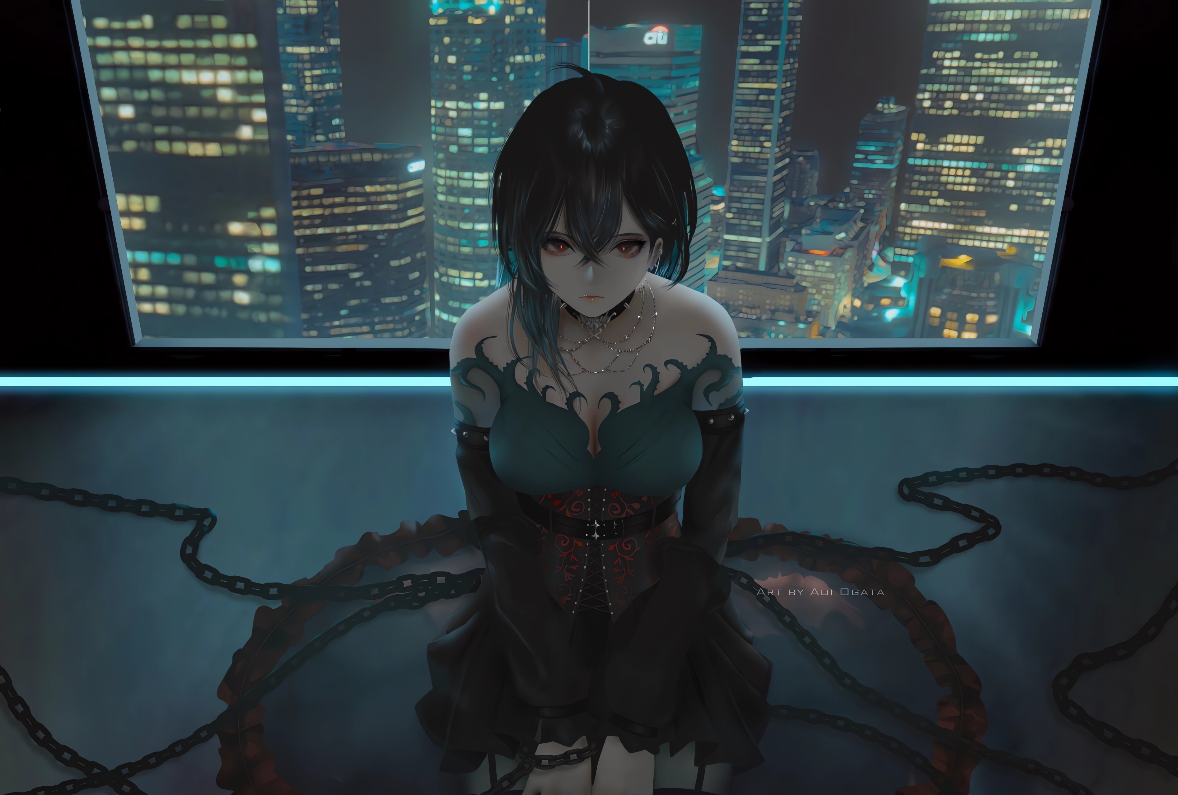 Anime 3786x2556 anime anime girls chains looking at viewer city city lights window short hair sitting pillow bare shoulders Aoi Ogata watermarked