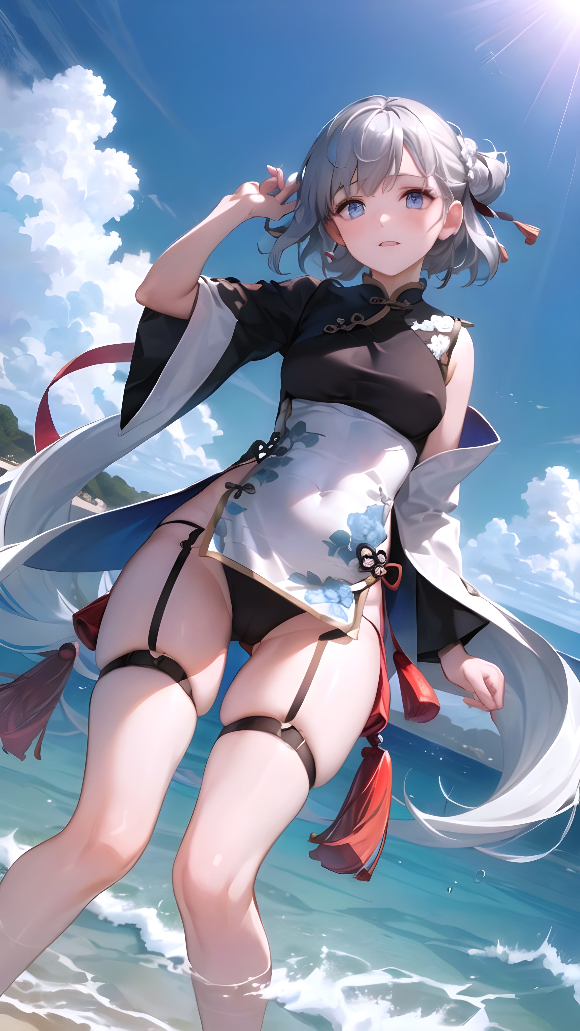 Anime 2304x4096 silver hair blue eyes AI art beach anime girls portrait display sunlight sky clouds standing waves water looking at viewer chinese dress short hair standing in water thighs