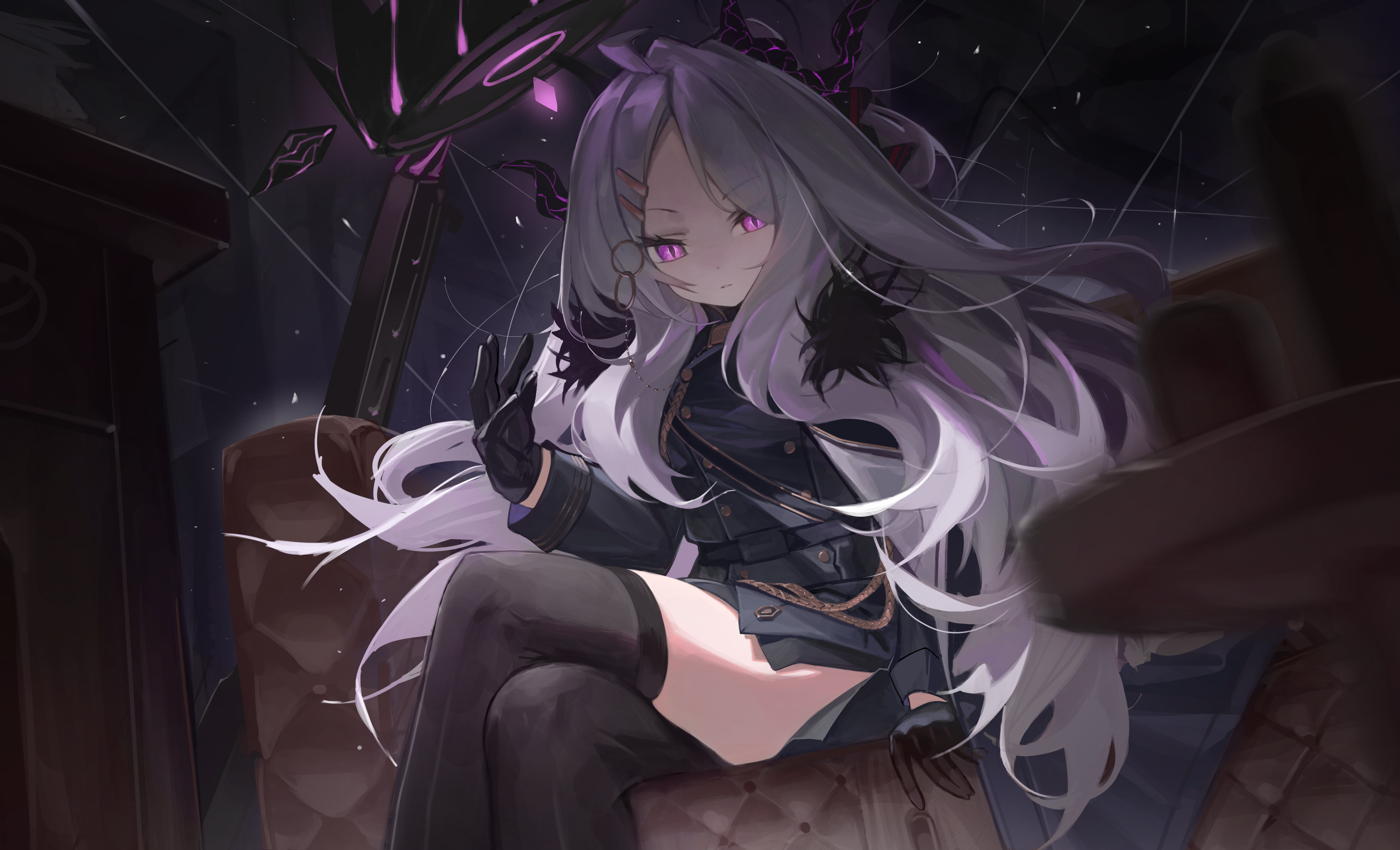 Anime 3615x2196 Blue Archive anime girls Sorasaki Hina (Blue Archive) white hair purple eyes anime girl with wings dark background sitting legs crossed stockings looking at viewer long hair gloves chair horns uniform