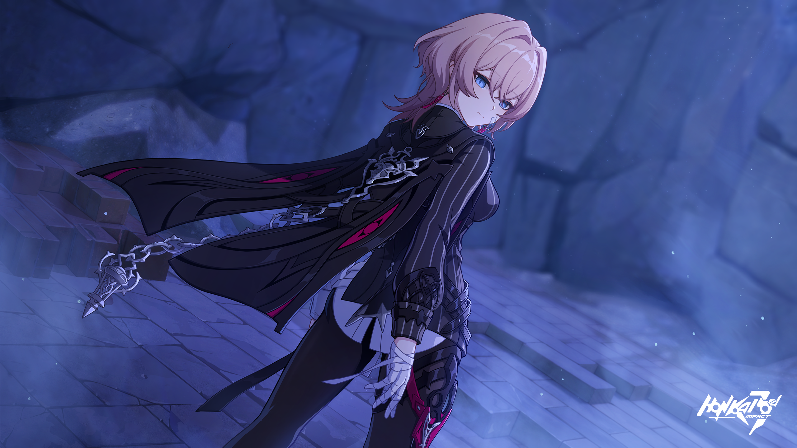 Anime 2560x1440 Honkai Impact Honkai Impact 3rd Lantern (Honkai Impact 3rd) video game characters cape video game girls video game art short hair looking over shoulder title bandaged arm bandages looking back blue eyes hair between eyes standing earring looking at viewer closed mouth cracked anime games