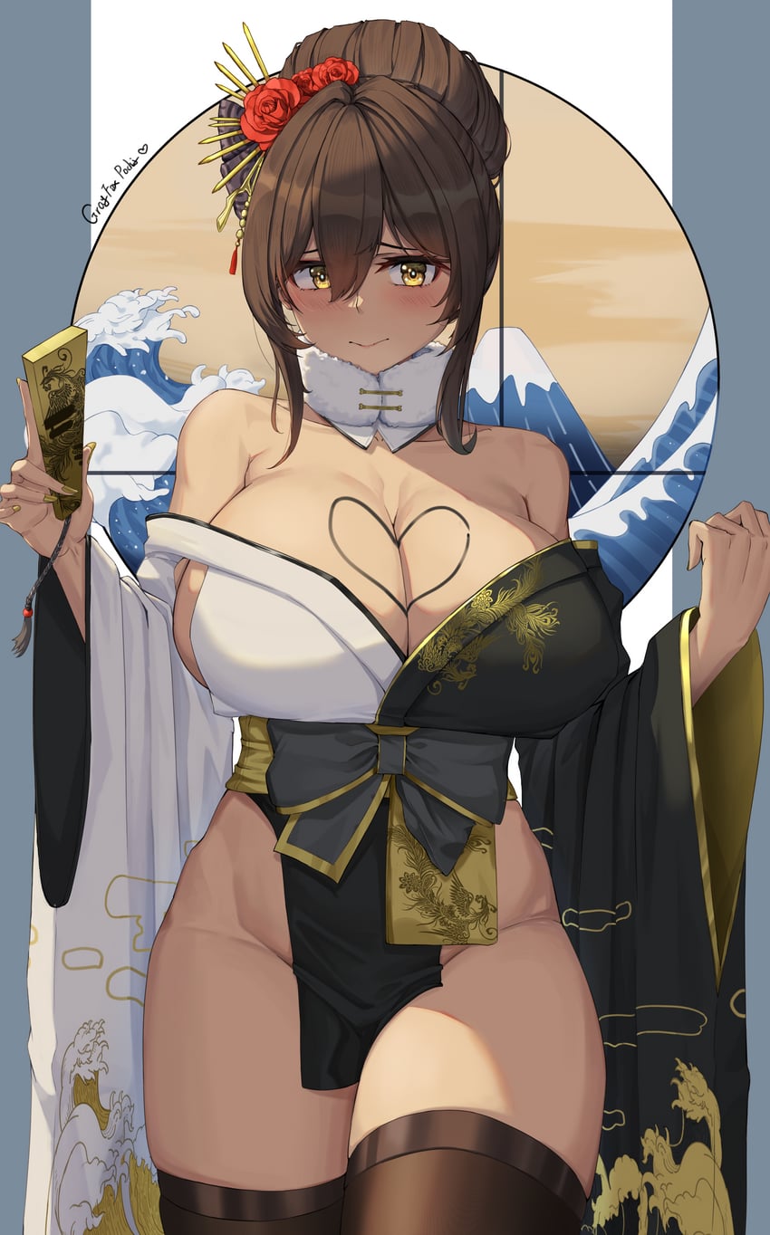 Anime 850x1364 Nikke: The Goddess of Victory portrait display blushing Noir (Nikke) yellow eyes huge breasts stockings black stockings thighs flower in hair kimono Grayfoxpochi brunette Japanese clothes fans looking at viewer heart nopan no bra rose hair between eyes anime anime girls closed mouth