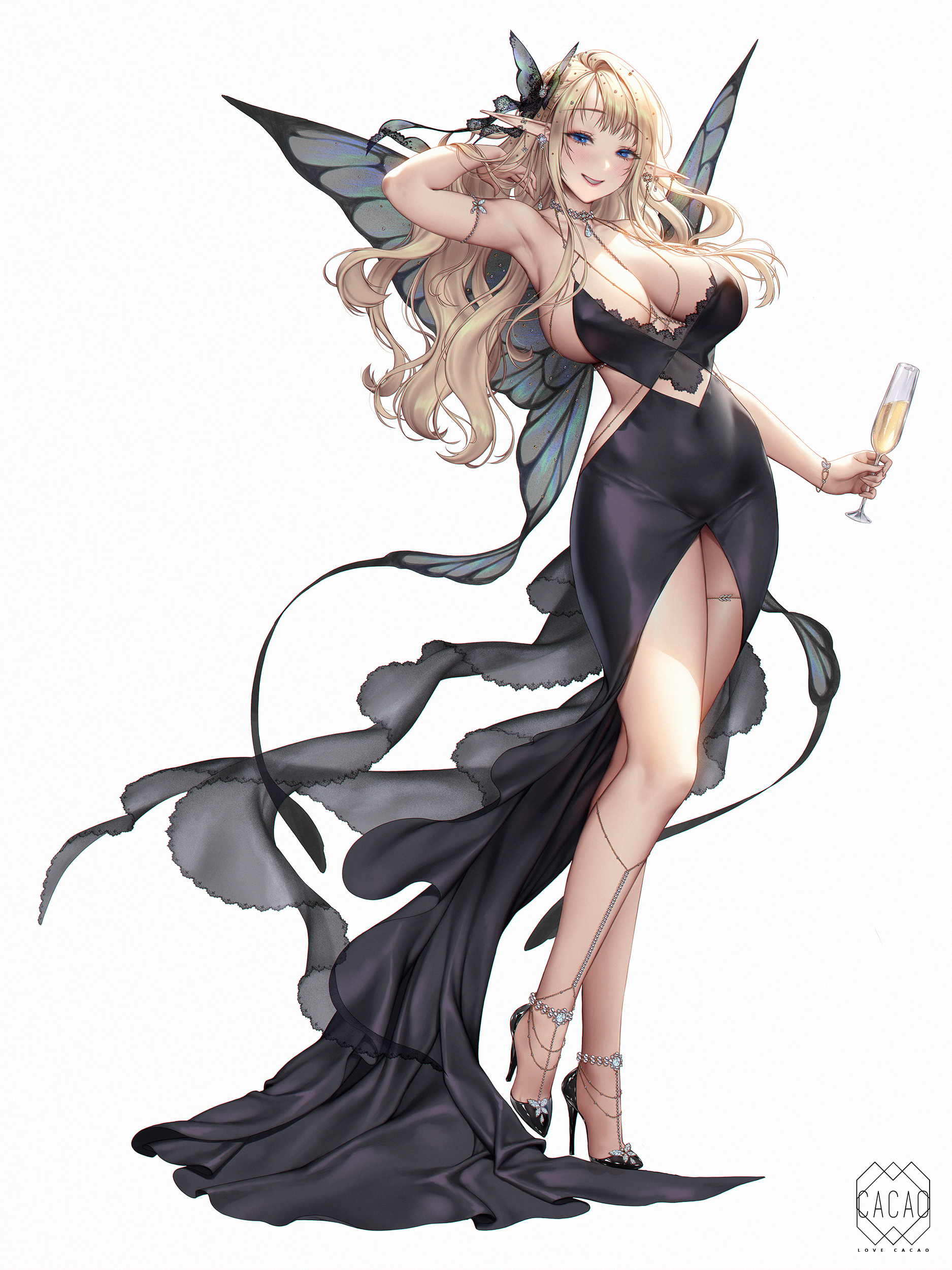Anime 1875x2500 Lovecacao portrait display huge breasts black dress simple background wings white background blonde looking at viewer alcohol pointy ears one arm up hands in hair high heels butterfly wings jewelry watermarked champagne elves dress heels