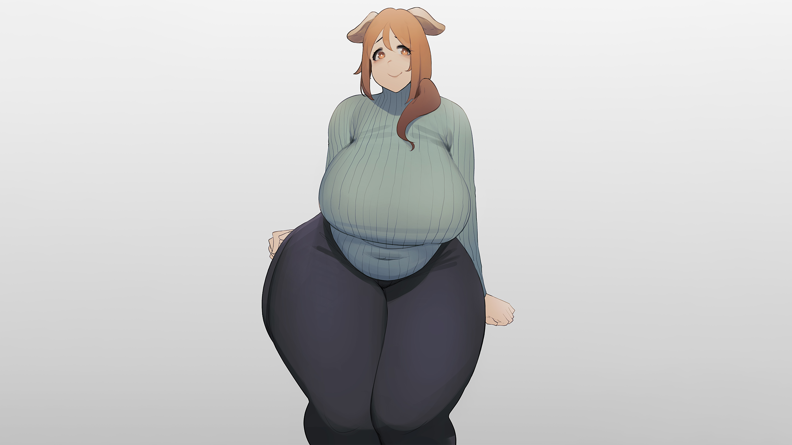 Anime 2560x1440 anime anime girls Elf-san wa Yaserarenai. animal ears big boobs boobs huge breasts thighs thick thigh curvy wide hips Mmmmmkun minimalism hair between eyes sitting smiling simple background closed mouth long hair sweater looking at viewer orange eyes thick body