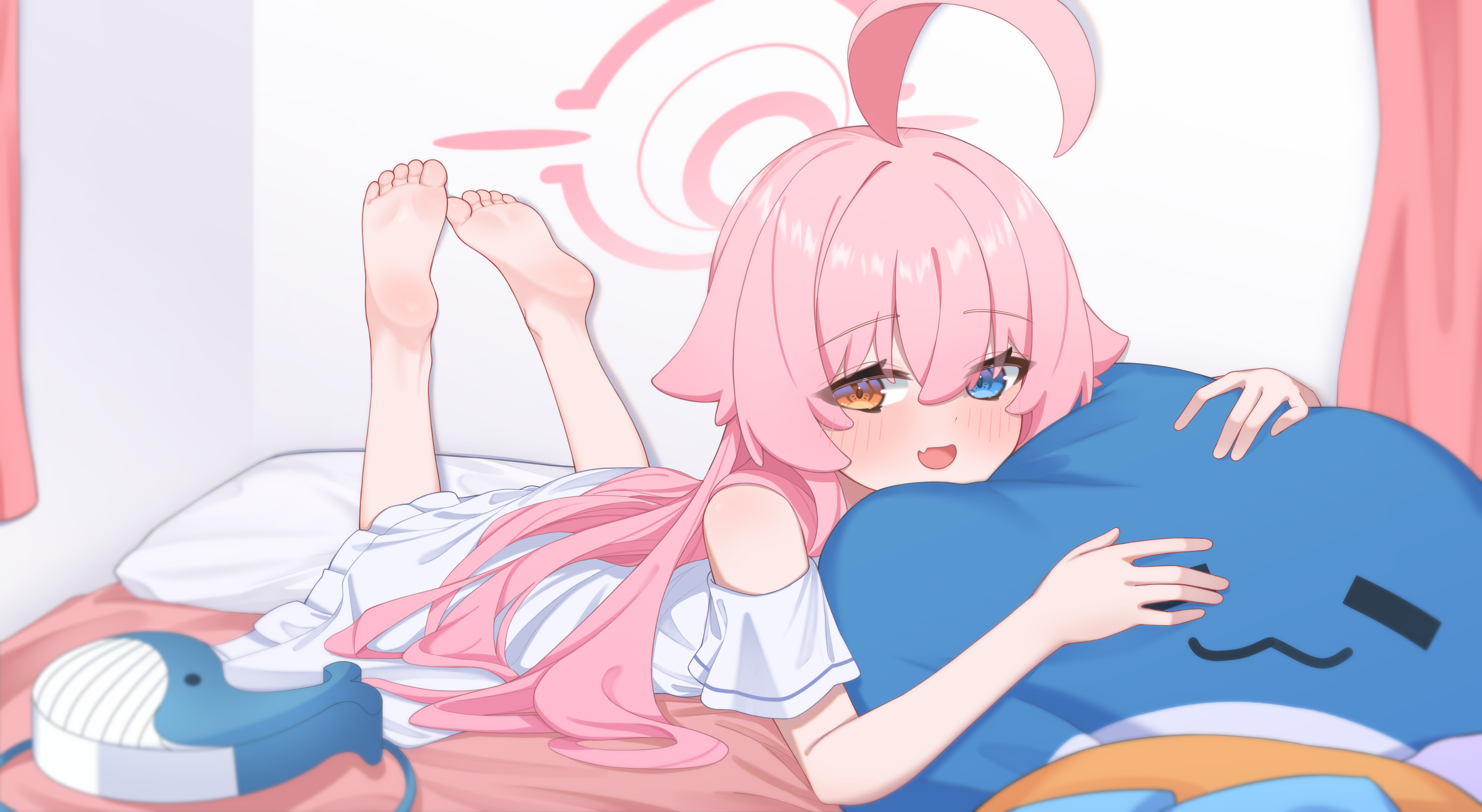 Anime 5280x2894 Takanashi Hoshino (Blue Archive) Blue Archive anime girls long hair heterochromia fan art white dress lying on front in bed white background feet pink hair hair between eyes open mouth blushing foot sole looking at viewer lying down feet in the air loli bed smiling
