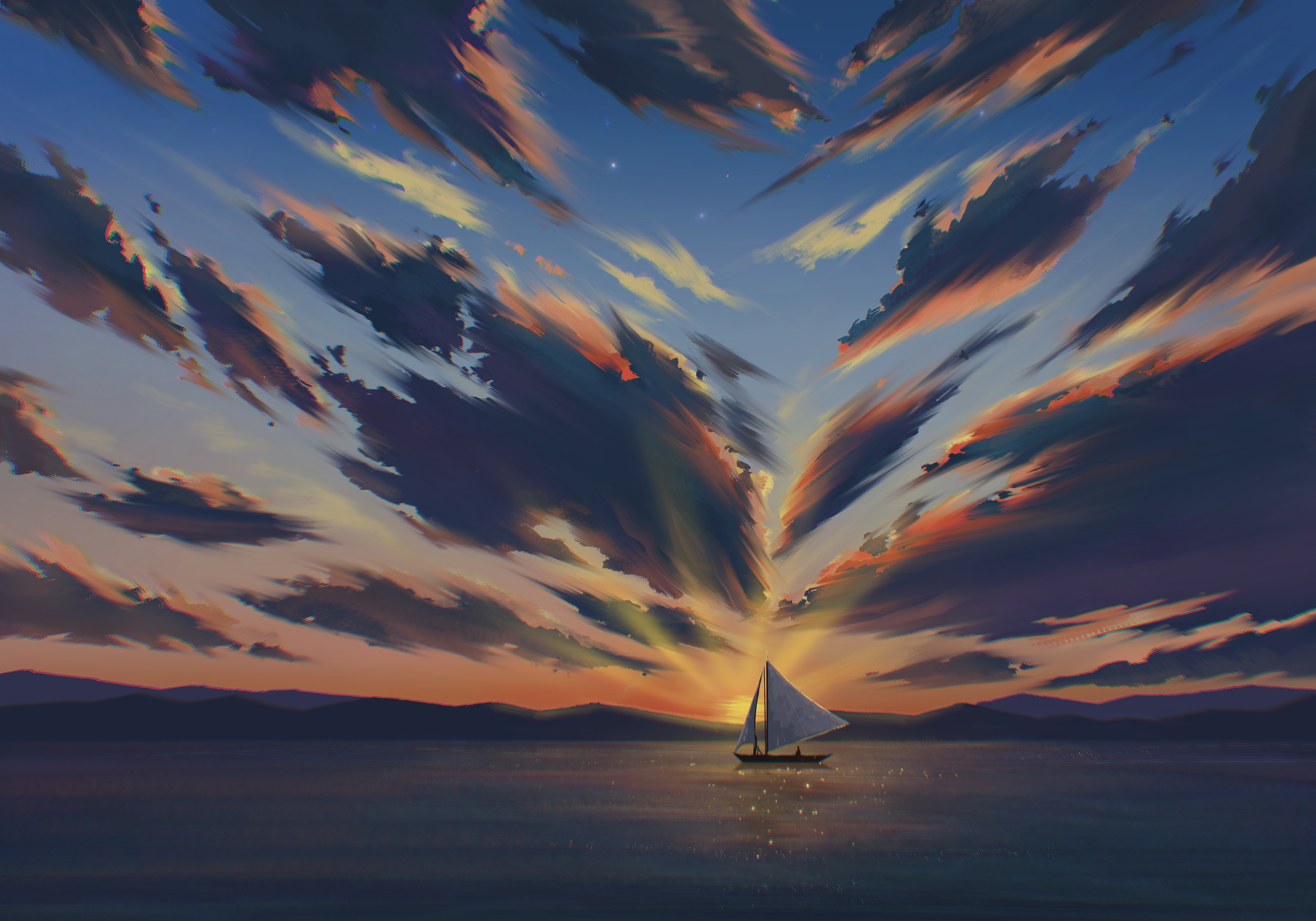General 4724x3307 digital art artwork illustration painting landscape clouds sea water boat sailing ship sunset sky sailboats