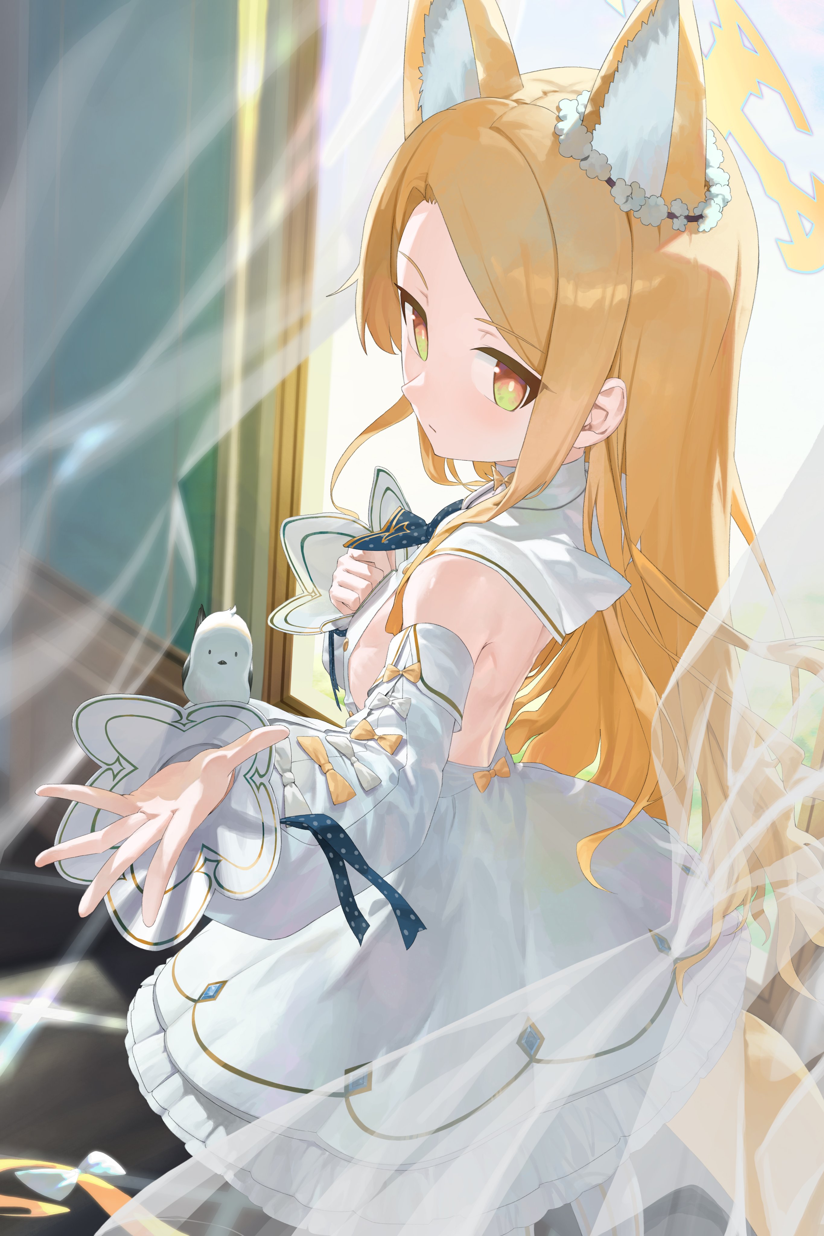 Anime 2731x4096 anime girls Blue Archive blonde dress Yurizono Seia (Blue Archive) long hair yellow eyes portrait display white dress gradient eyes sunlight by the window curtains detached sleeves standing loli fox girl fox ears fox tail backless dress