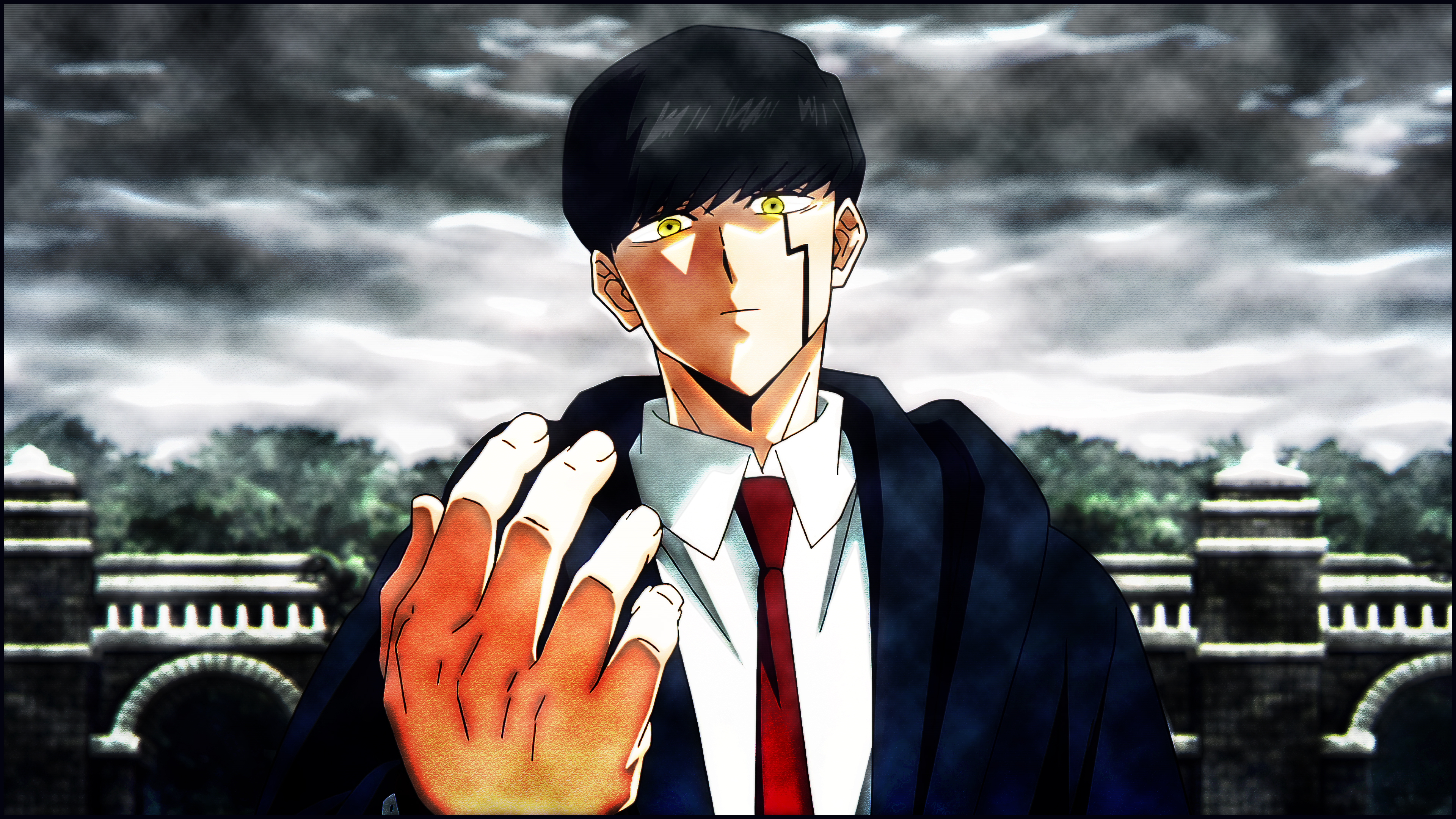 Anime 3840x2160 Mashle: Magic and Muscles Mash Burnedead anime anime girls black hair school uniform schoolboys looking at viewer overcast necktie collared shirt fingers closed mouth sky