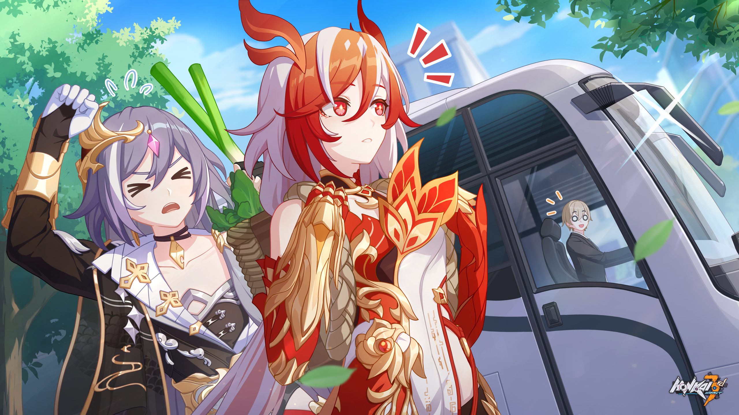 Anime 2560x1440 Honkai Impact 3rd Honkai Impact Fu Hua video game characters sky video game girls long hair video game boys trees video game art standing video games closed eyes open mouth sunlight hair between eyes vehicle two tone hair red eyes leaves clouds title building parted lips