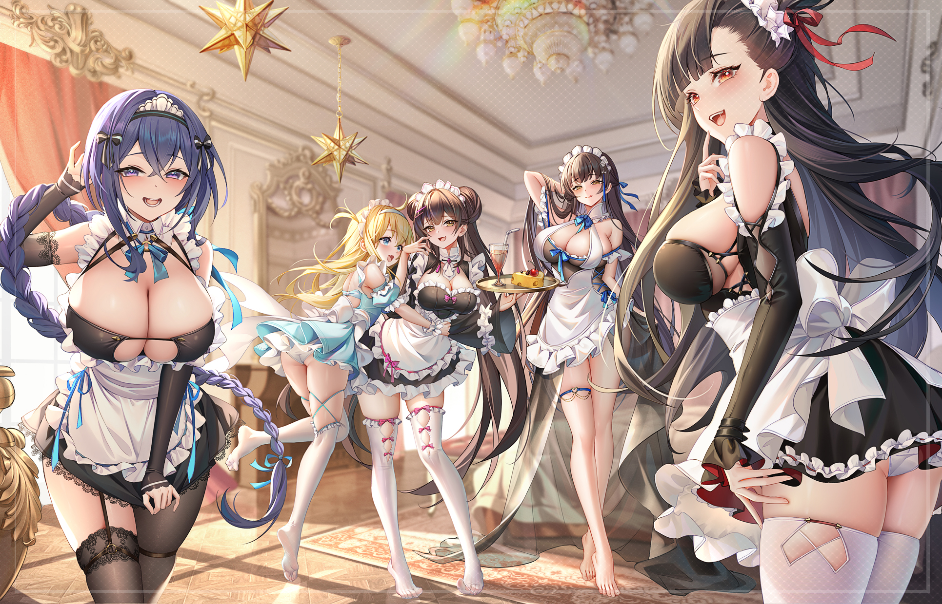 Anime 1931x1240 Girls Frontline big boobs looking at viewer long hair maid outfit stockings women indoors cleavage white apron hair ribbon Suomi (Girls Frontline) feet maid Yue Xiao E ass hair between eyes standing anime girls open mouth skindentation thigh strap group of women sunlight thighs huge breasts headband white panties thigh-highs panties